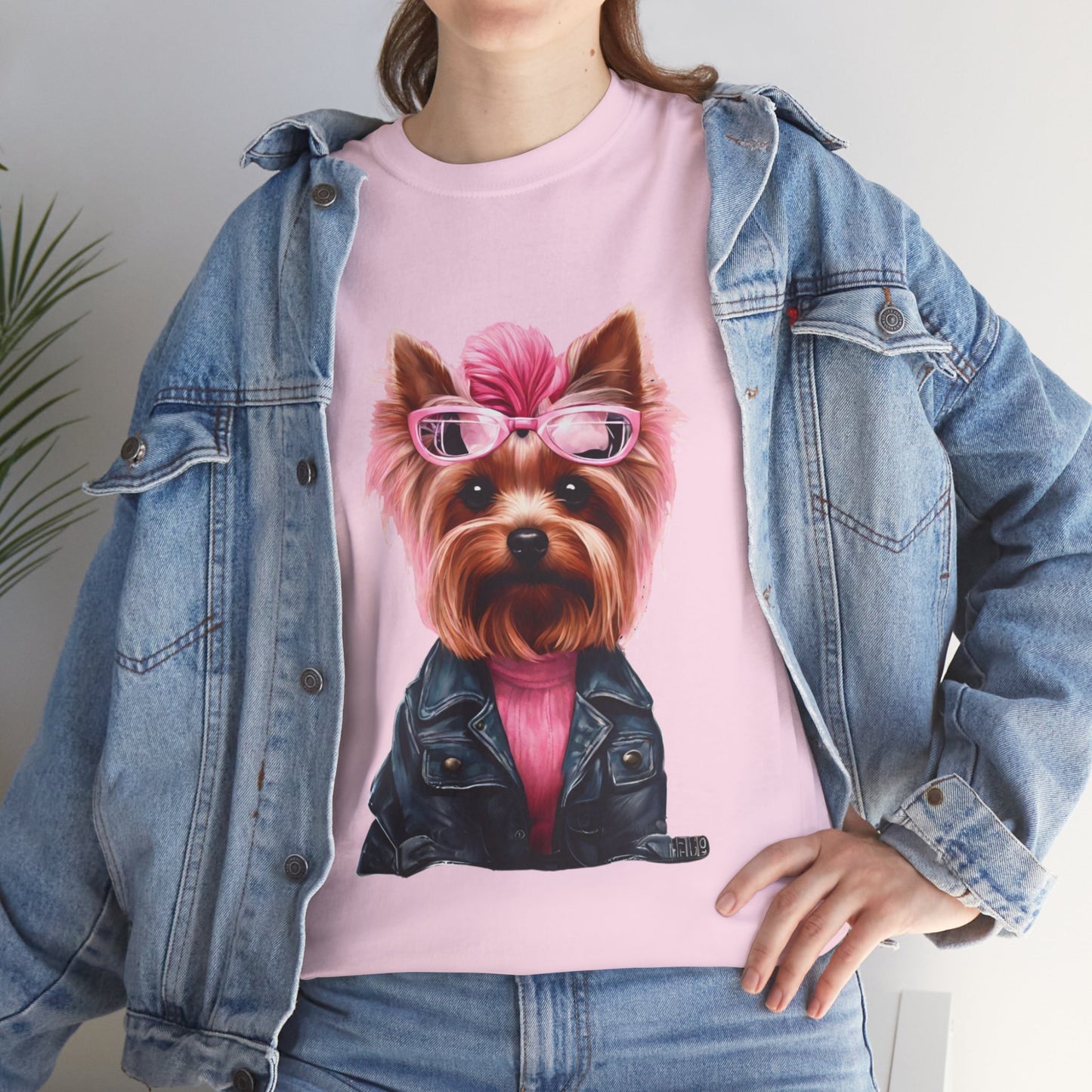 Preppy Pink Biker Yorkie Puppy Women's Plus Cotton Short Sleeved Tee Size xl-5xl
