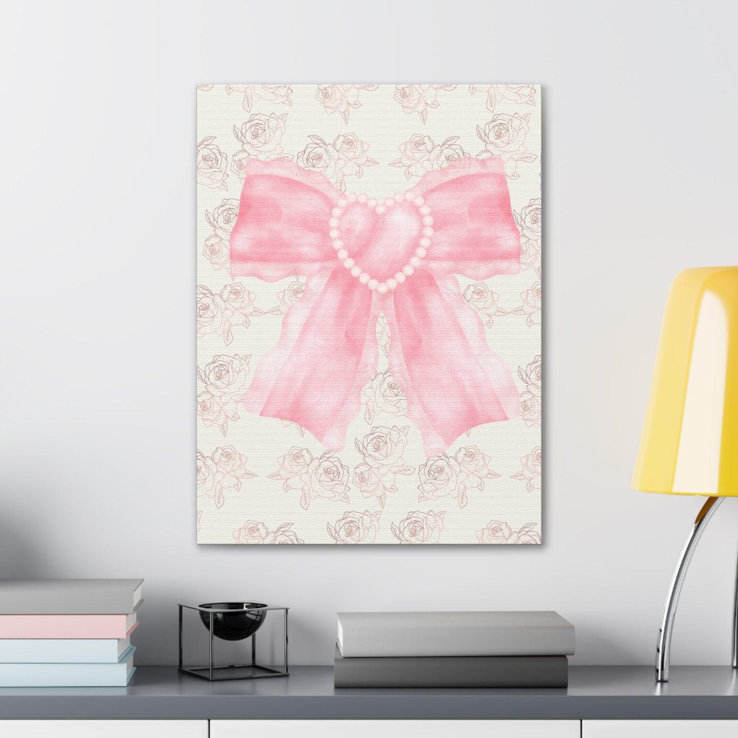 Pink & White Coquette Heart Bow Roses Wrapped Gallery Canvas Art - Multiple Sizes