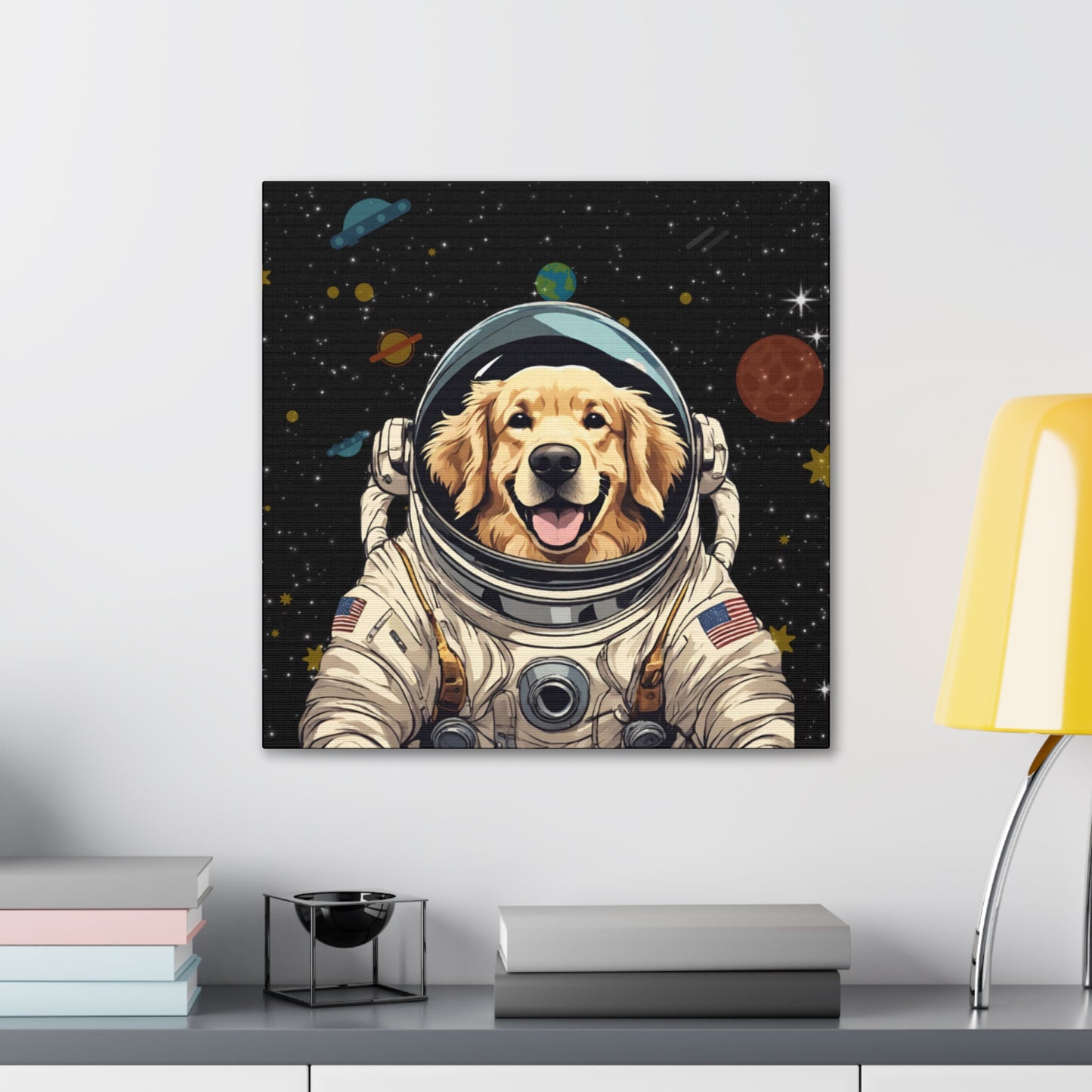 Golden Retriever Astronaut Puppy Dog in Space Canvas Wrapped Art Multiple Sizes