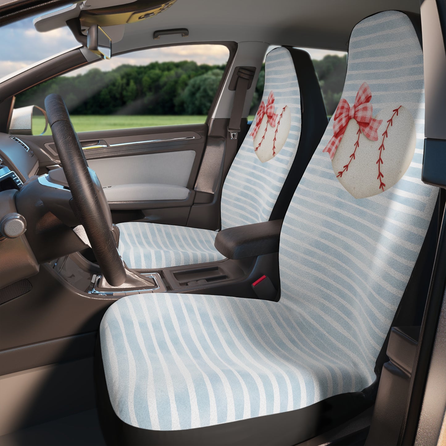 Baseball Bow Love Blue Striped Car Seat Covers