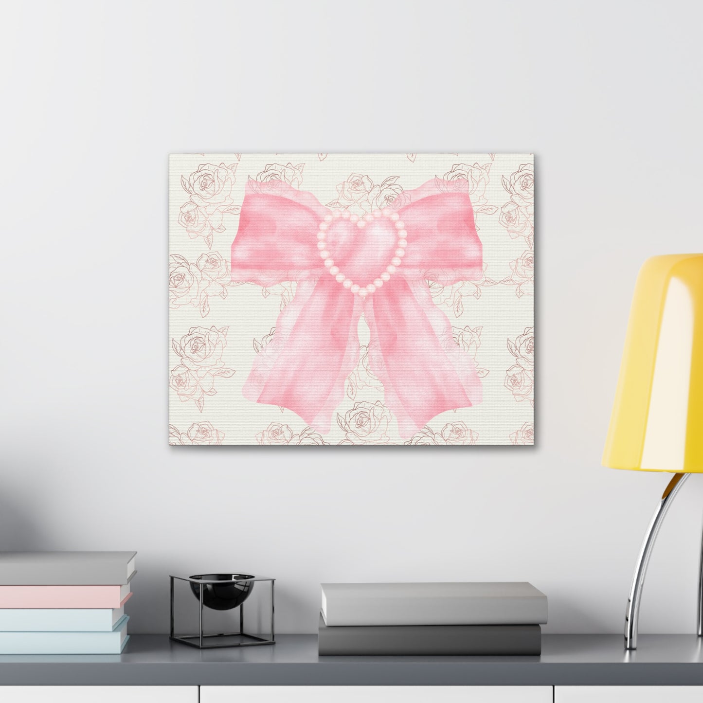 Pink & White Coquette Heart Bow Roses Wrapped Gallery Canvas Art - Multiple Sizes