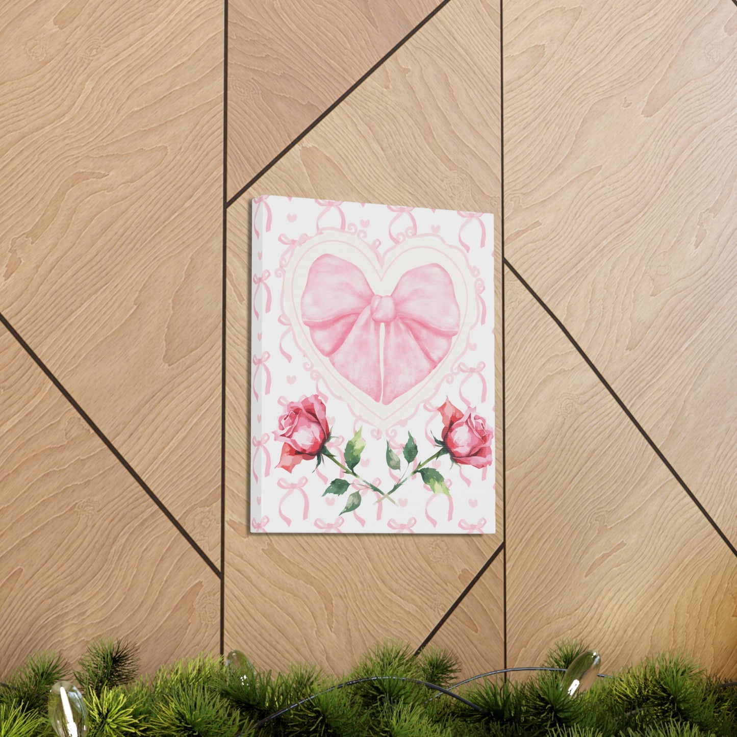 Pink & White Coquette Heart Bow with Rose Wrapped Gallery Canvas Art - Multiple Sizes