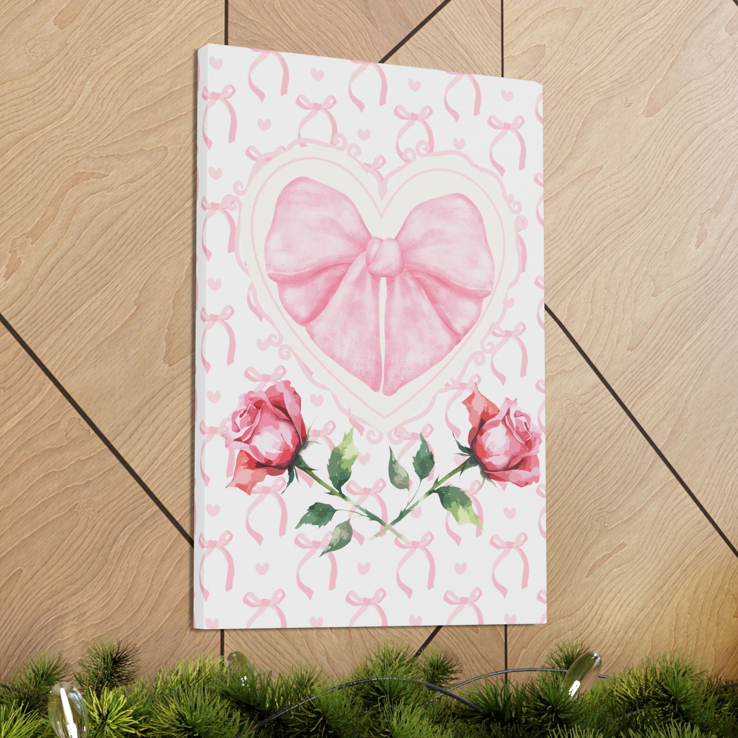 Pink & White Coquette Heart Bow with Rose Wrapped Gallery Canvas Art - Multiple Sizes