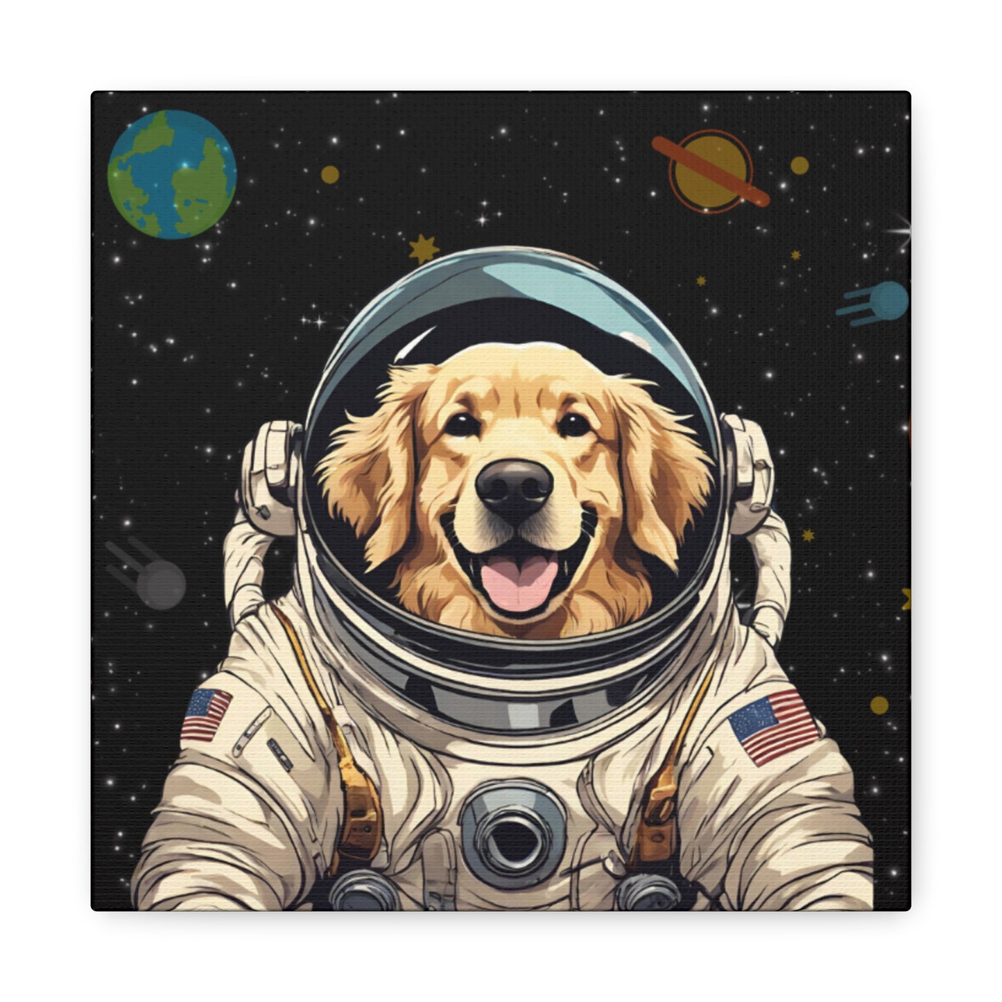 Golden Retriever Astronaut Puppy Dog in Space Canvas Wrapped Art Multiple Sizes