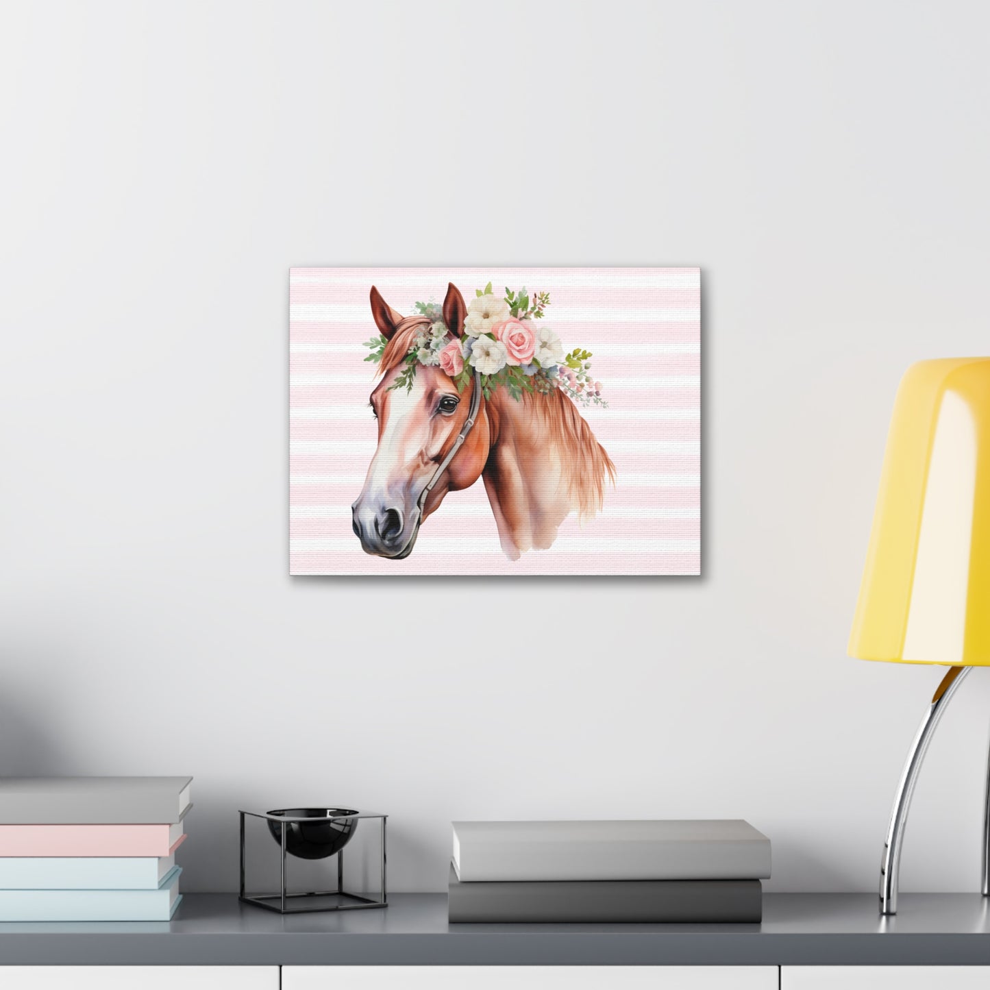 Pink Coquette Horse with Pink Rose Crown Canvas Wrapped Art Multiple Sizes