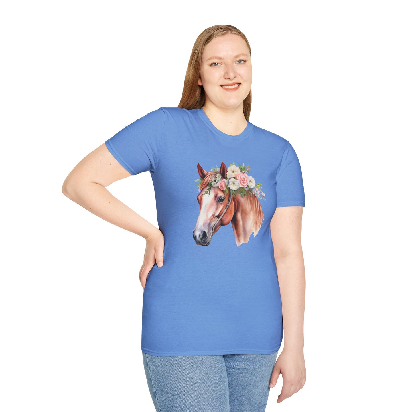 Pink Rose Flower Horse Princess Women's Plus Cotton Short Sleeved Tee Size xl-5xl