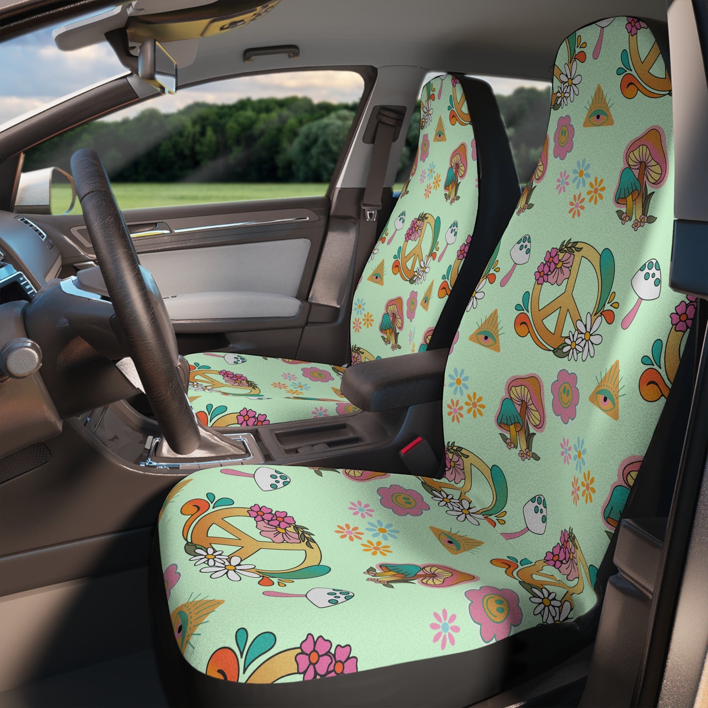60's 70's Print Colorful Peace Sign Mint Green Car Seat Covers