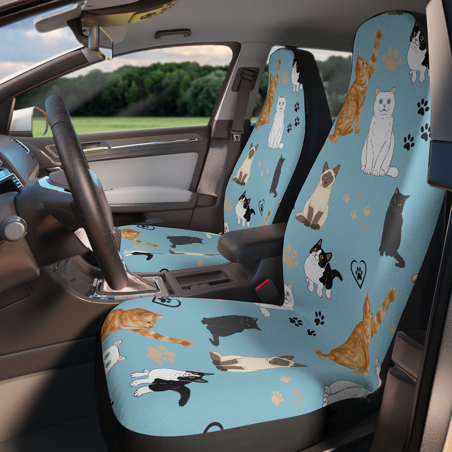 Blue Smiling Playful Funny Kitty Cat Car Seat Covers