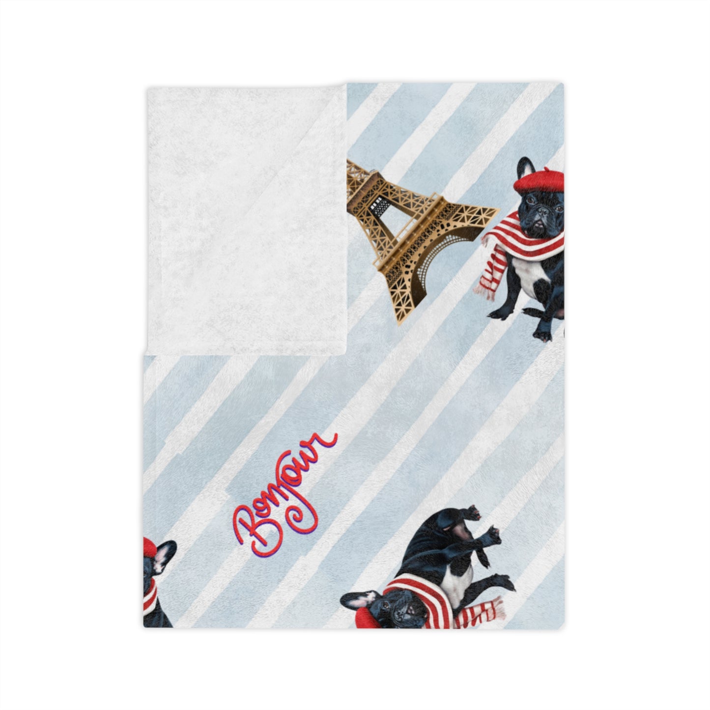 Bonjour! Frenchie French Bulldog Blue & White Velveteen Microfiber Throw Blanket Multiple Sizes