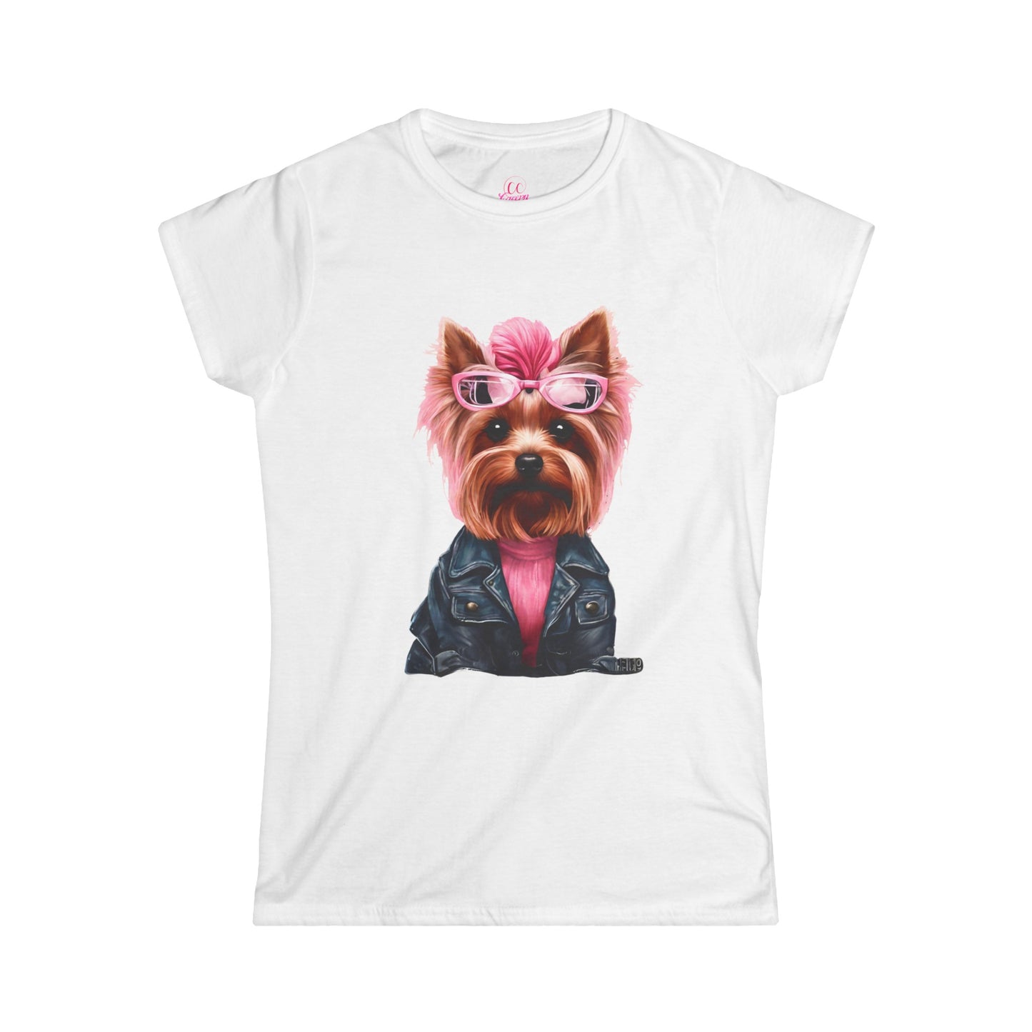 Preppy Pink Biker Yorkie Puppy Women's Softstyle Short Sleeved Tee Size S-2xl