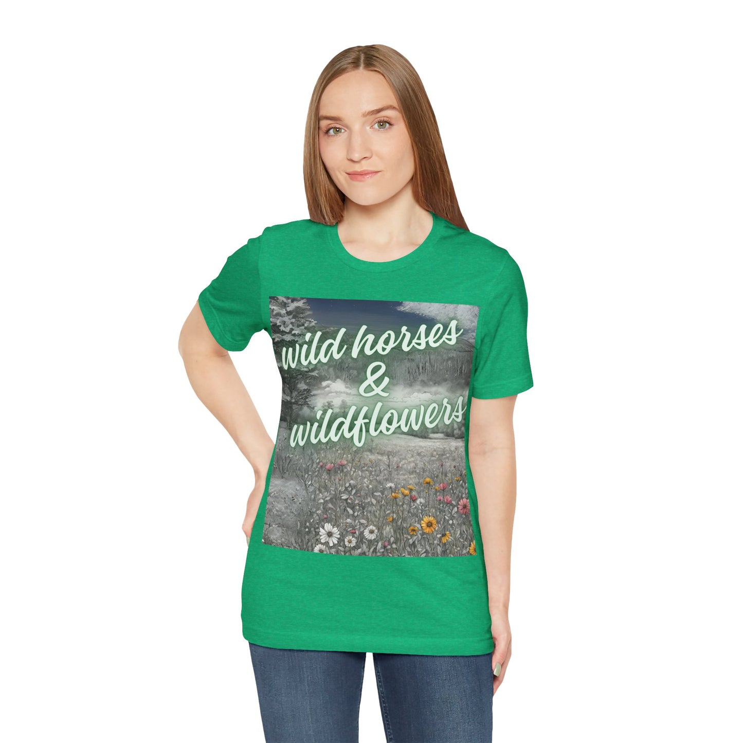 Wild Horses & Wildflowers Country Cowgirl Women's Jersey Short Sleeved Tee Size S-2xl