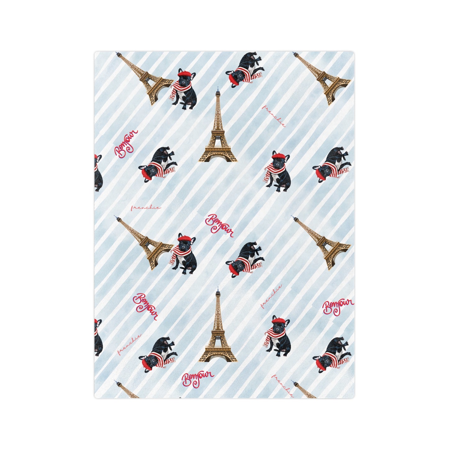 Bonjour! Frenchie French Bulldog Blue & White Velveteen Microfiber Throw Blanket Multiple Sizes