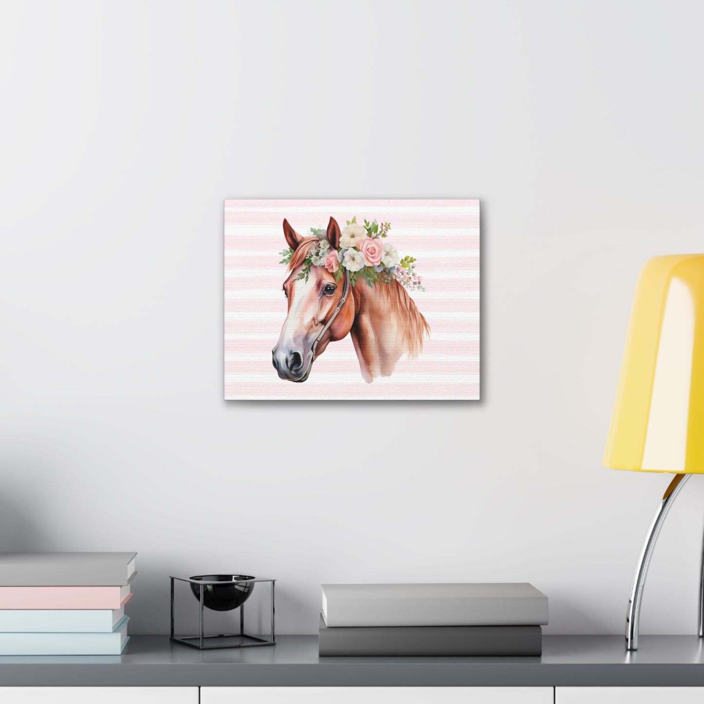 Pink Coquette Horse with Pink Rose Crown Canvas Wrapped Art Multiple Sizes