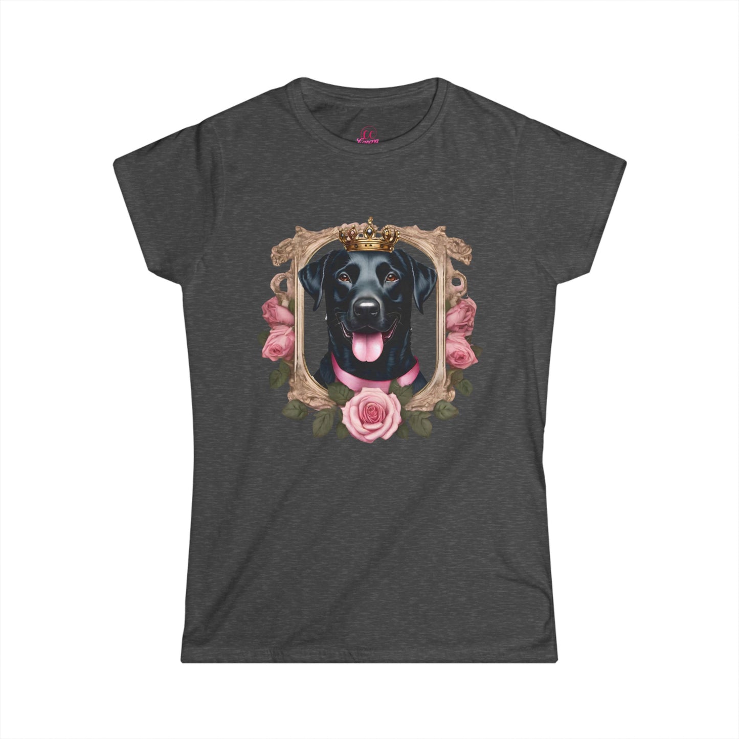 Coquette Pink Rose Smiling Black Labrador Prince Princess Puppy Dog Women's Softstyle Short Sleeved Tee Size S-2xl