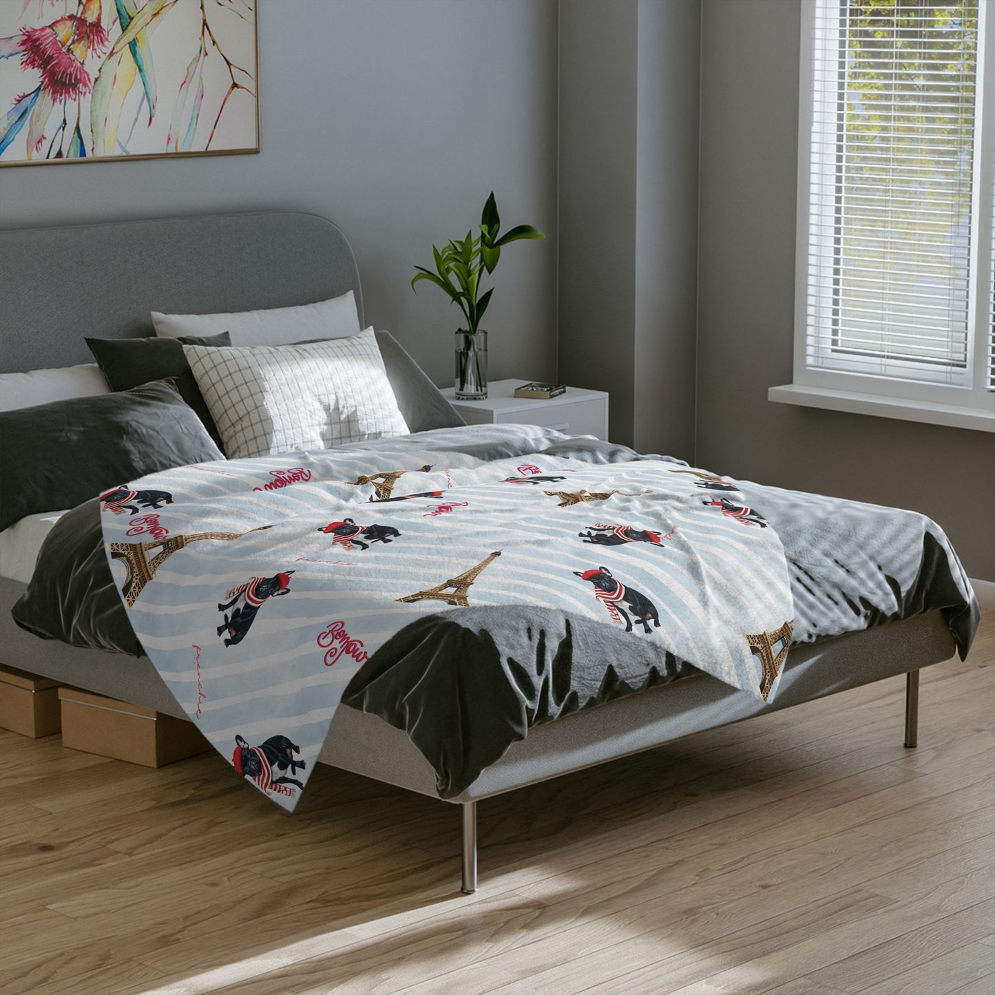 Bonjour! Frenchie French Bulldog Blue & White Velveteen Microfiber Throw Blanket Multiple Sizes