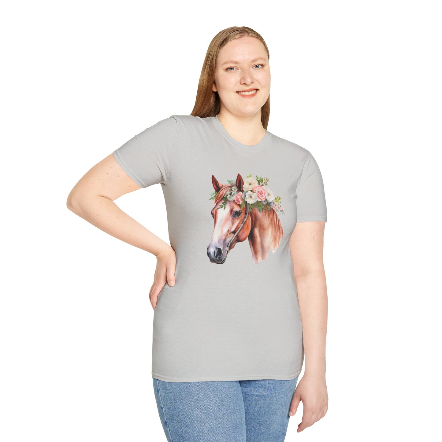 Pink Rose Flower Horse Princess Women's Plus Cotton Short Sleeved Tee Size xl-5xl