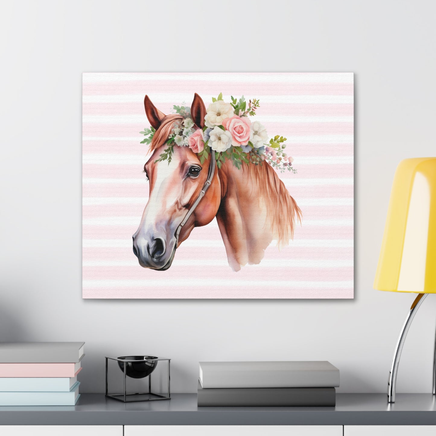 Pink Coquette Horse with Pink Rose Crown Canvas Wrapped Art Multiple Sizes
