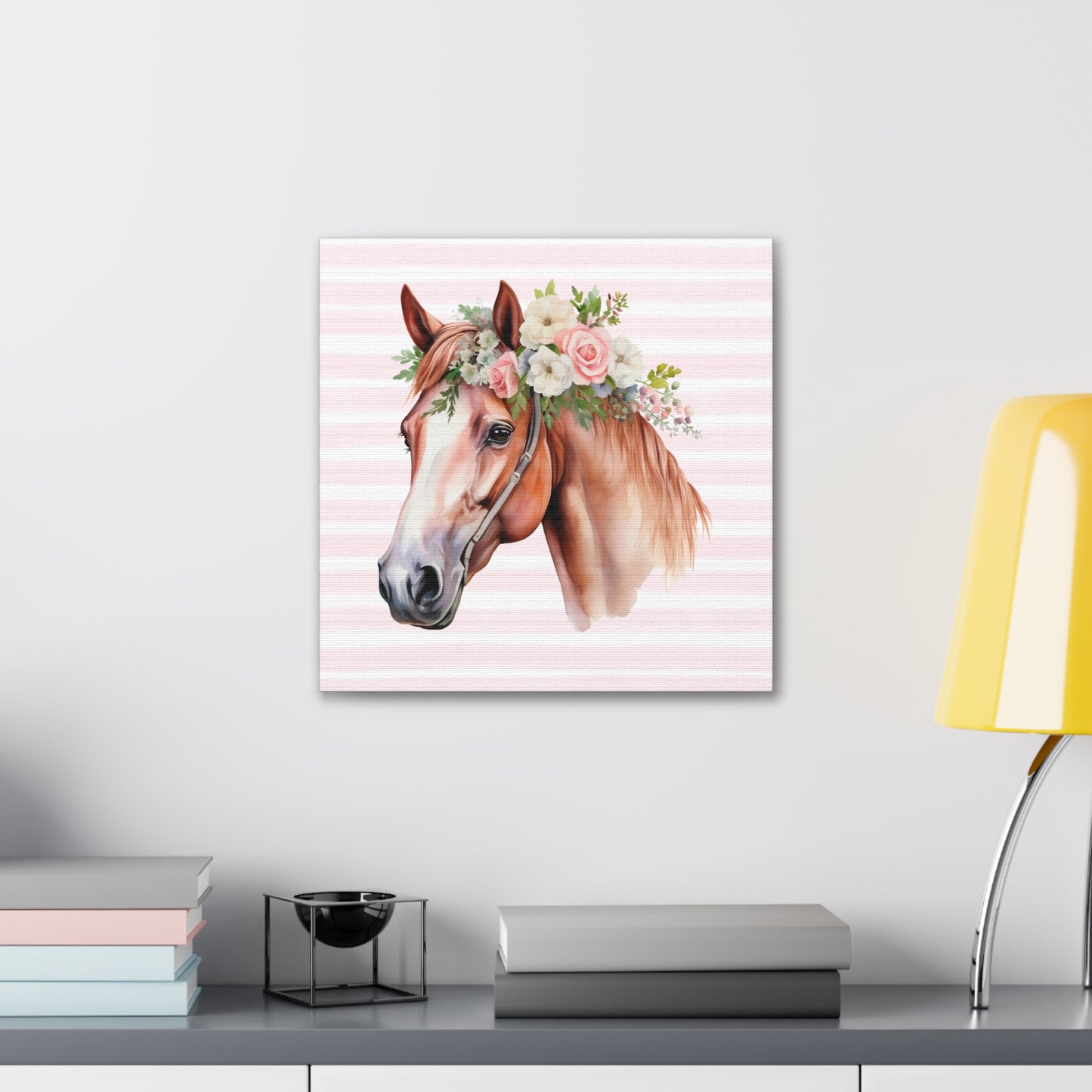 Pink Coquette Horse with Pink Rose Crown Canvas Wrapped Art Multiple Sizes