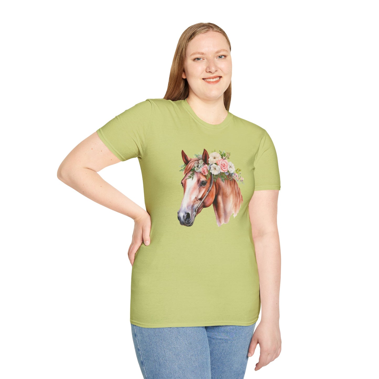Pink Rose Flower Horse Princess Women's Plus Cotton Short Sleeved Tee Size xl-5xl