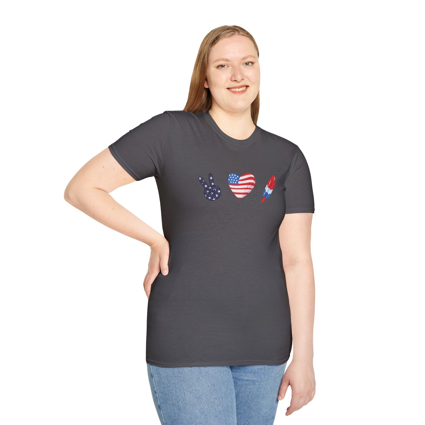 USA Peace Love Red, White & Blue 4th Women's Softstyle Plus Short Sleeve T-Shirt Sizes xl-5xl
