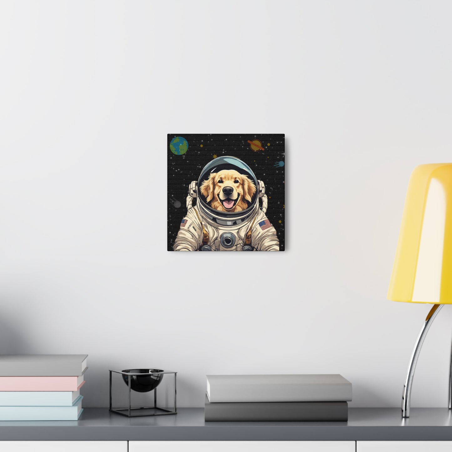 Golden Retriever Astronaut Puppy Dog in Space Canvas Wrapped Art Multiple Sizes