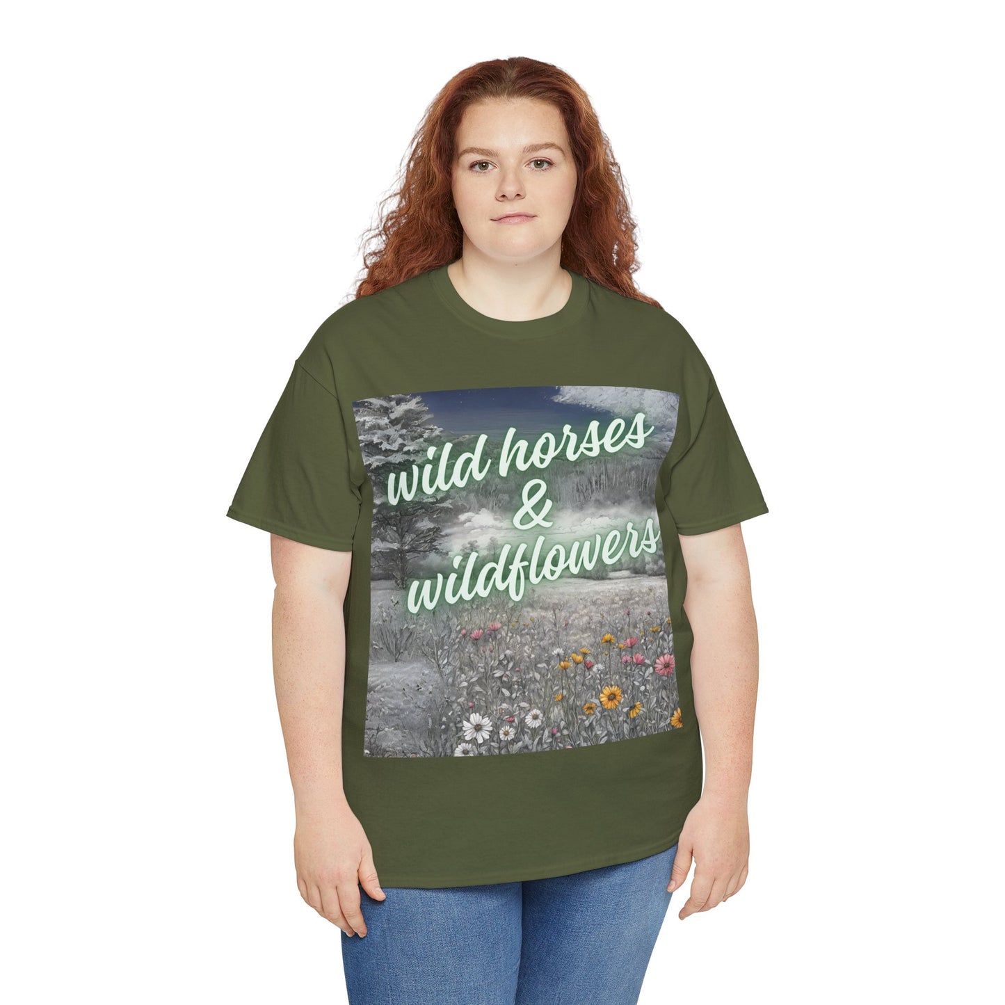 Wild Horses & Wildflowers Country Cowgirl Women's Plus Short Sleeved Cotton Tee Size xl-5xl