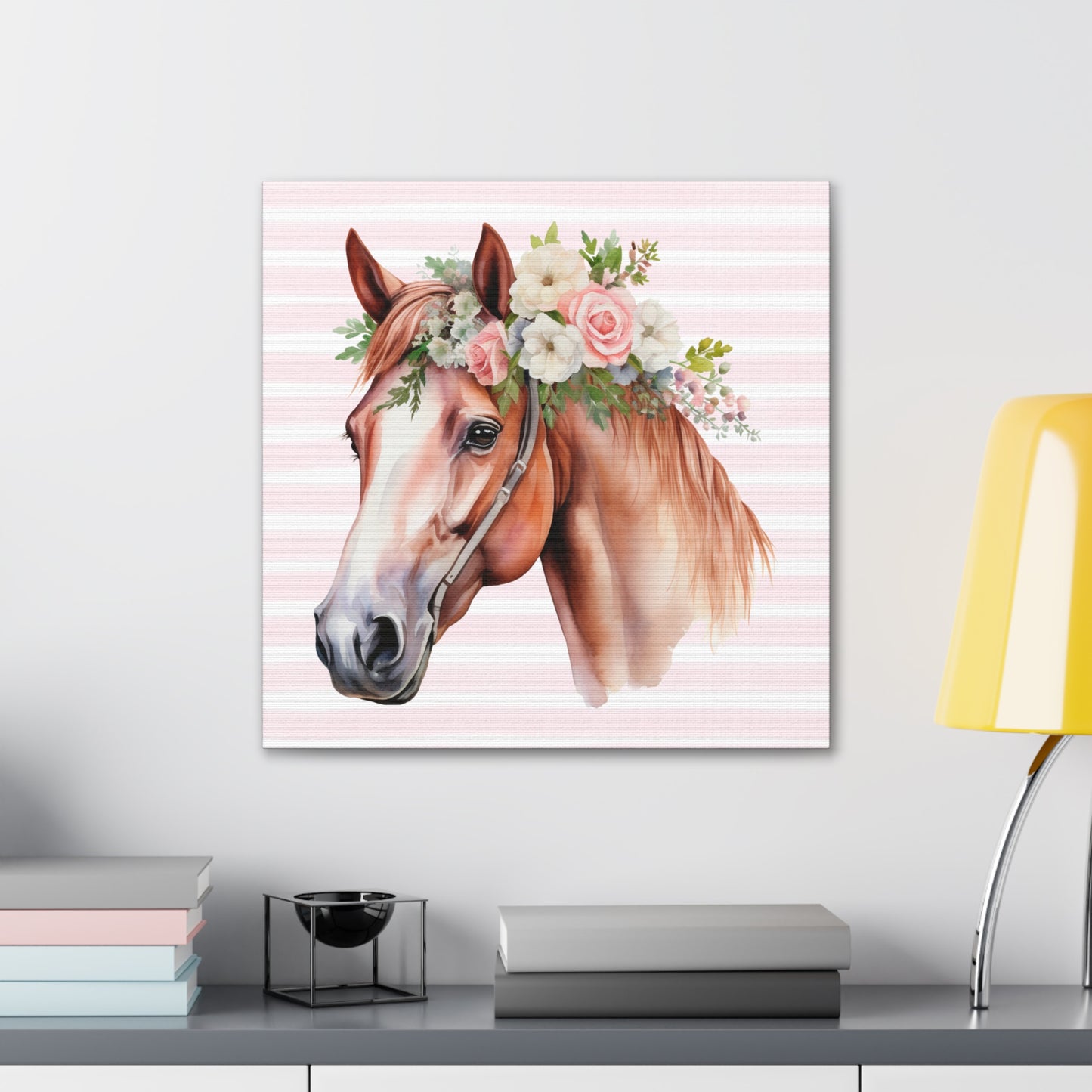 Pink Coquette Horse with Pink Rose Crown Canvas Wrapped Art Multiple Sizes