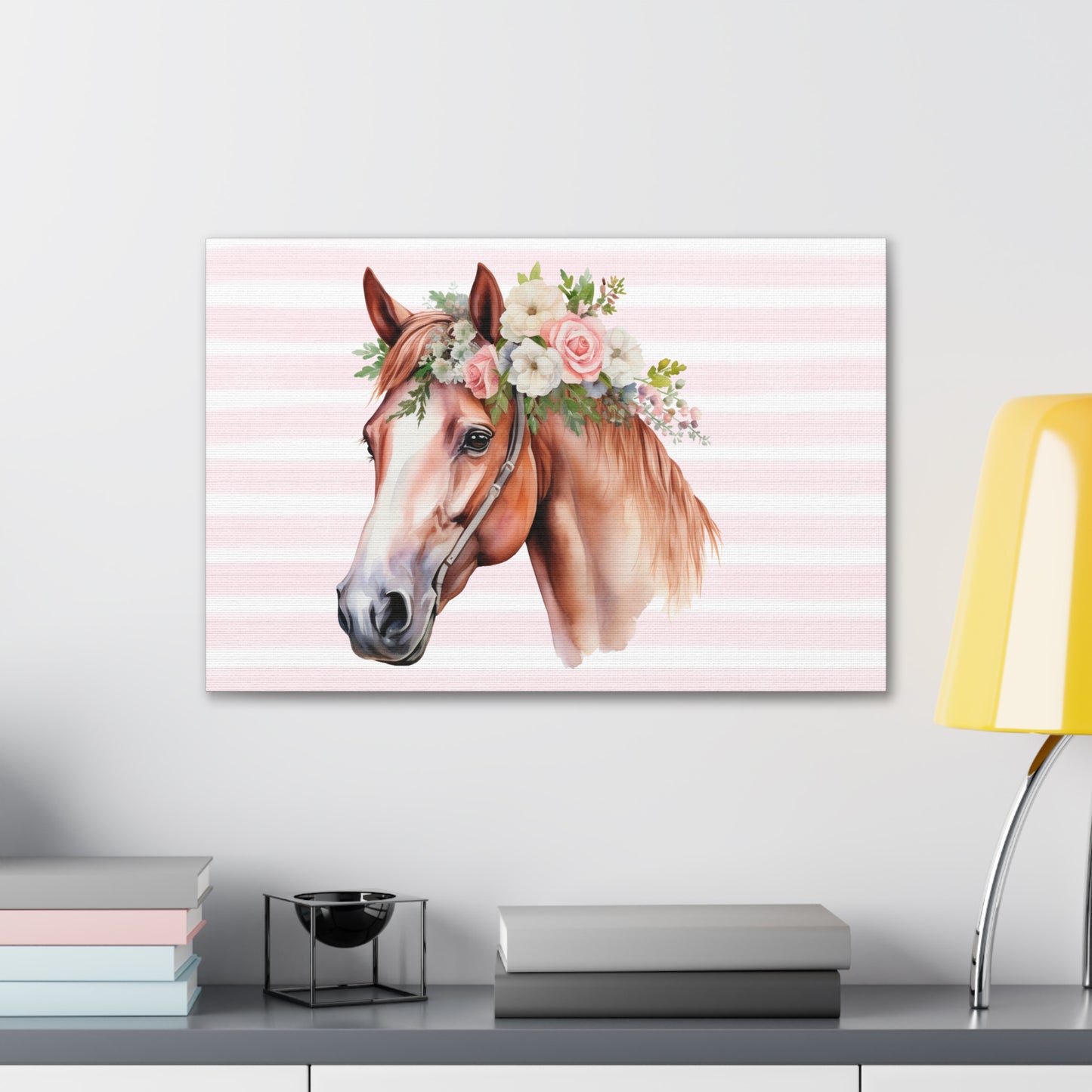 Pink Coquette Horse with Pink Rose Crown Canvas Wrapped Art Multiple Sizes