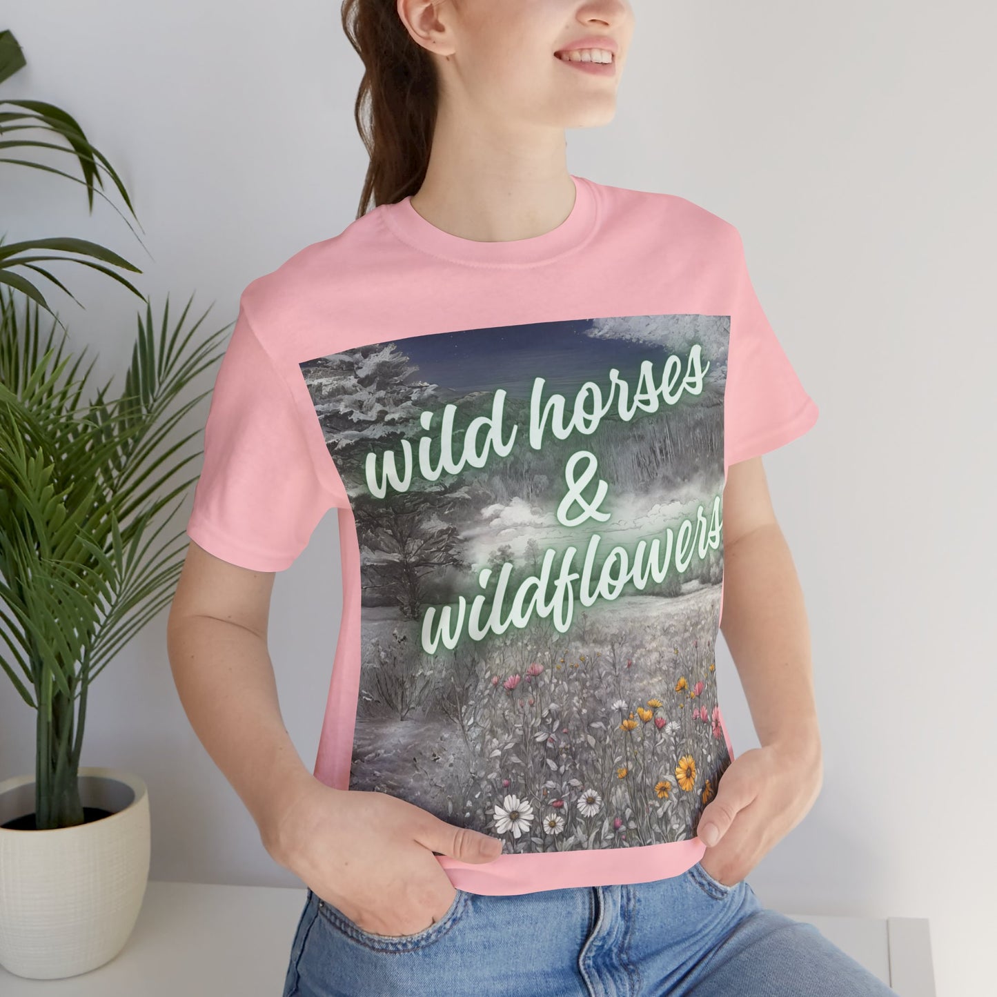 Wild Horses & Wildflowers Country Cowgirl Women's Jersey Short Sleeved Tee Size S-2xl