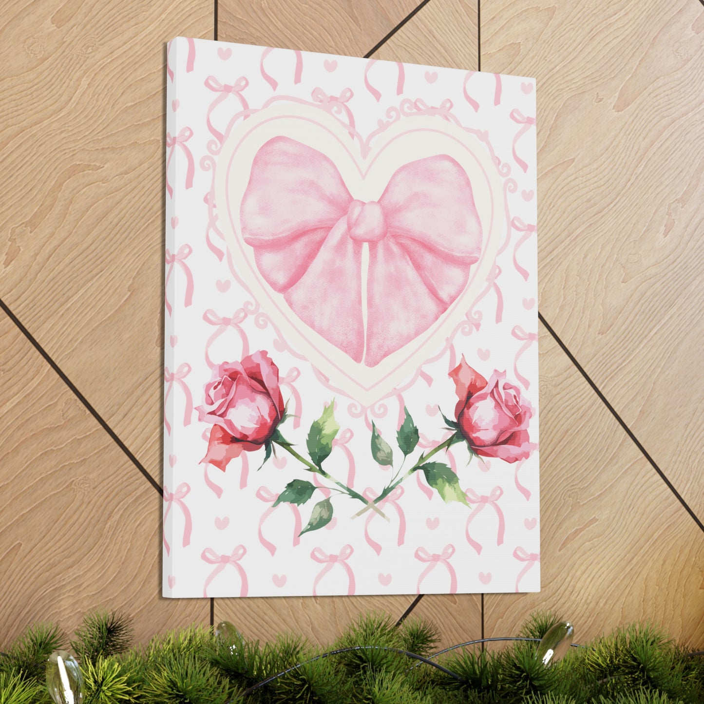 Pink & White Coquette Heart Bow with Rose Wrapped Gallery Canvas Art - Multiple Sizes