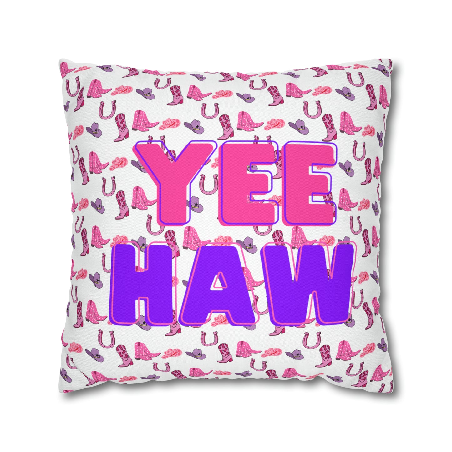 Yee Haw Pink Purple Cowgirl Hat & Boots Patterned Square Pillow Cover Multiple Sizes