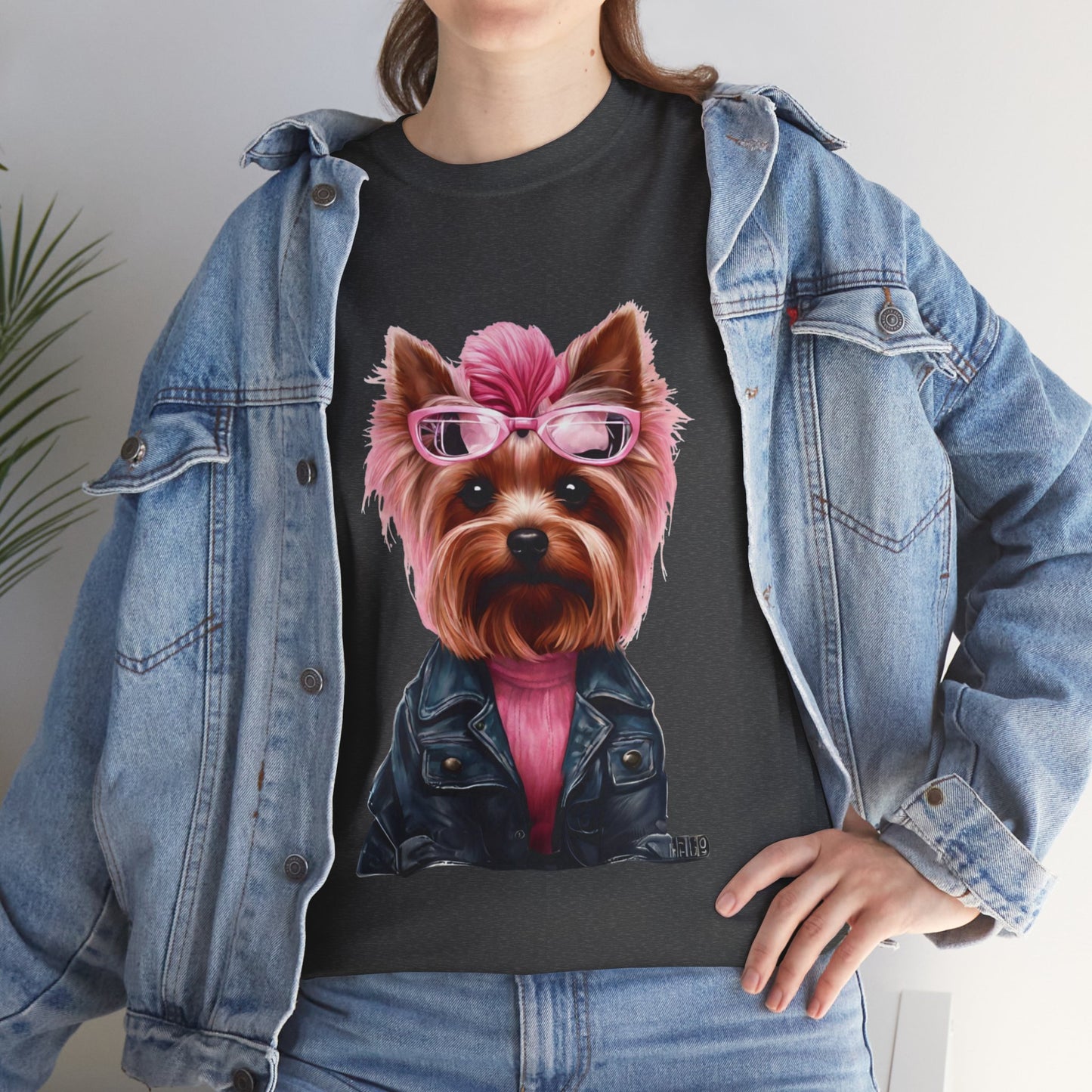 Preppy Pink Biker Yorkie Puppy Women's Plus Cotton Short Sleeved Tee Size xl-5xl