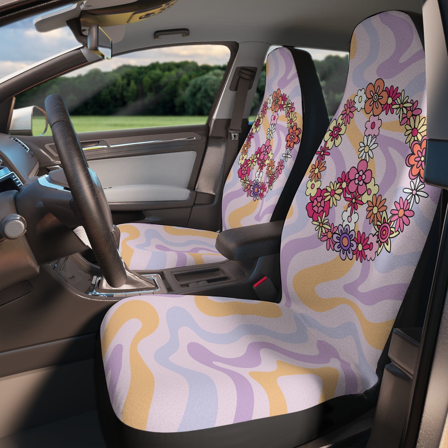 Flower Peace Sign Hippie 60's 70's Waves Pattern Colorful Car Seat Covers