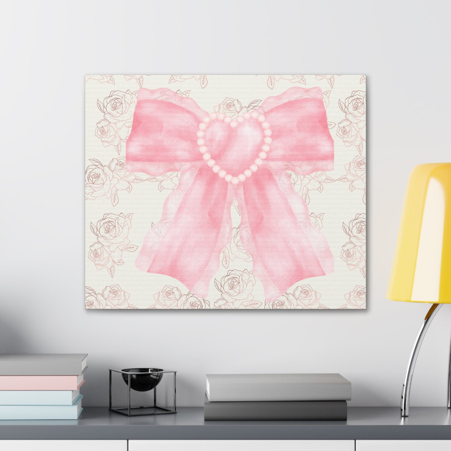 Pink & White Coquette Heart Bow Roses Wrapped Gallery Canvas Art - Multiple Sizes