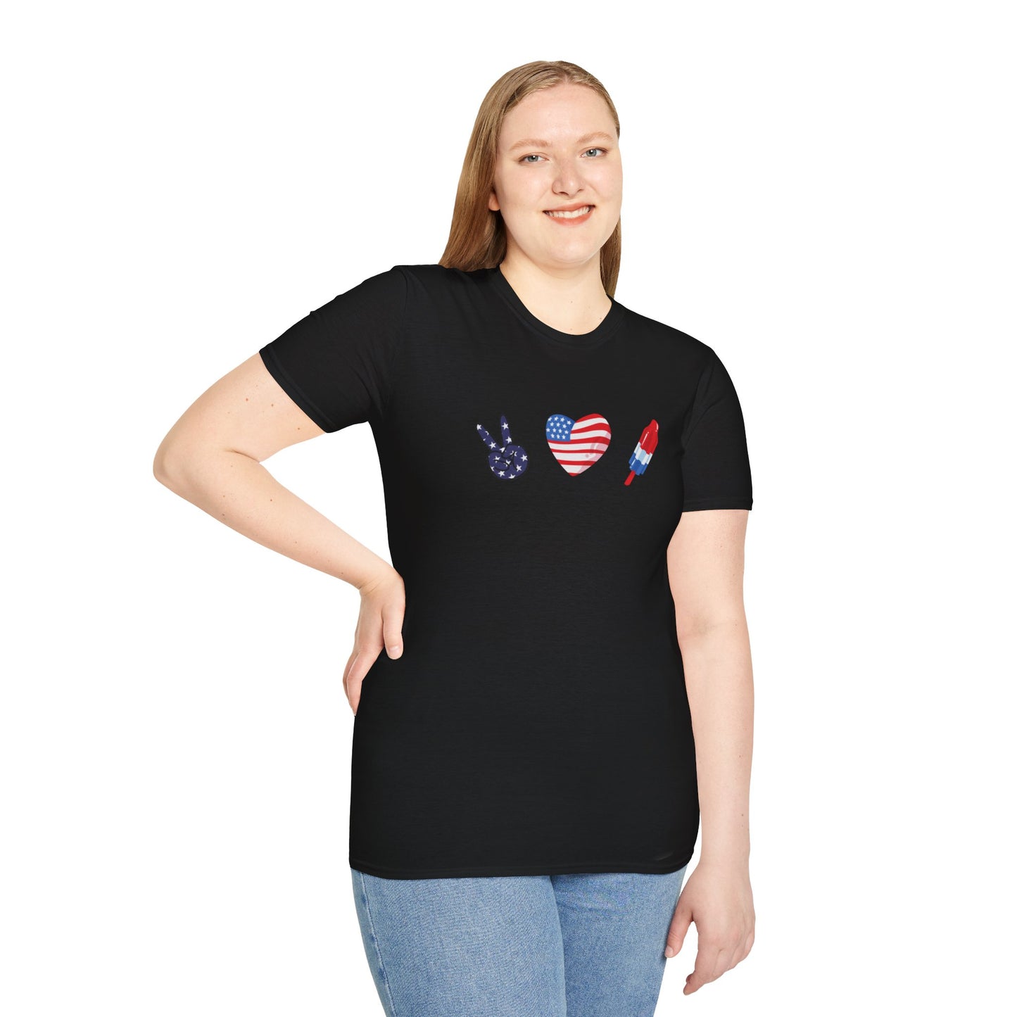 USA Peace Love Red, White & Blue 4th Women's Softstyle Plus Short Sleeve T-Shirt Sizes xl-5xl