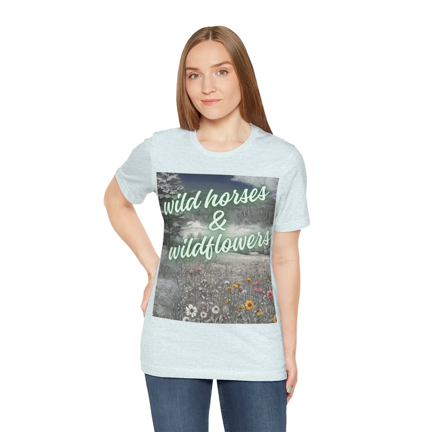 Wild Horses & Wildflowers Country Cowgirl Women's Jersey Short Sleeved Tee Size S-2xl