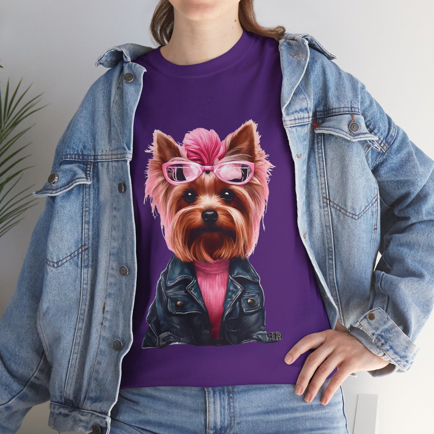 Preppy Pink Biker Yorkie Puppy Women's Plus Cotton Short Sleeved Tee Size xl-5xl