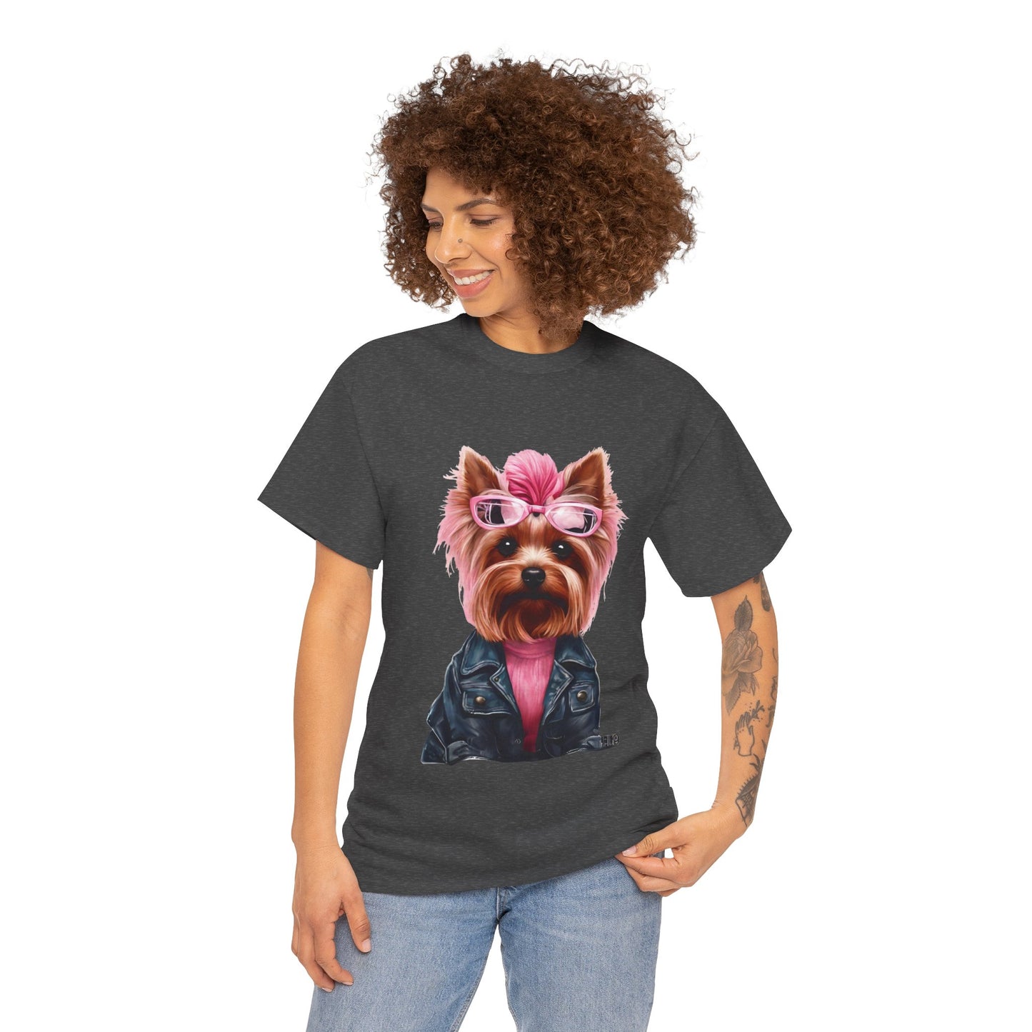 Preppy Pink Biker Yorkie Puppy Women's Plus Cotton Short Sleeved Tee Size xl-5xl
