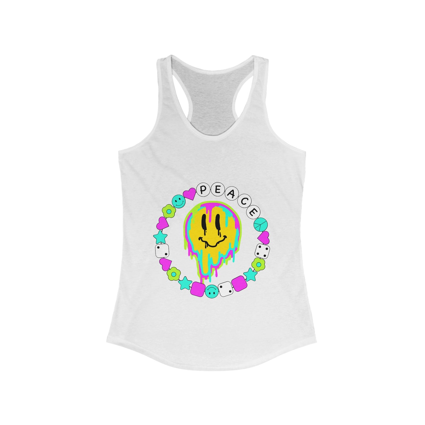 Peace & Happiness Neon Smiley Face Women's Racerback Slim Fit Tank Top Sizes xs-2xl