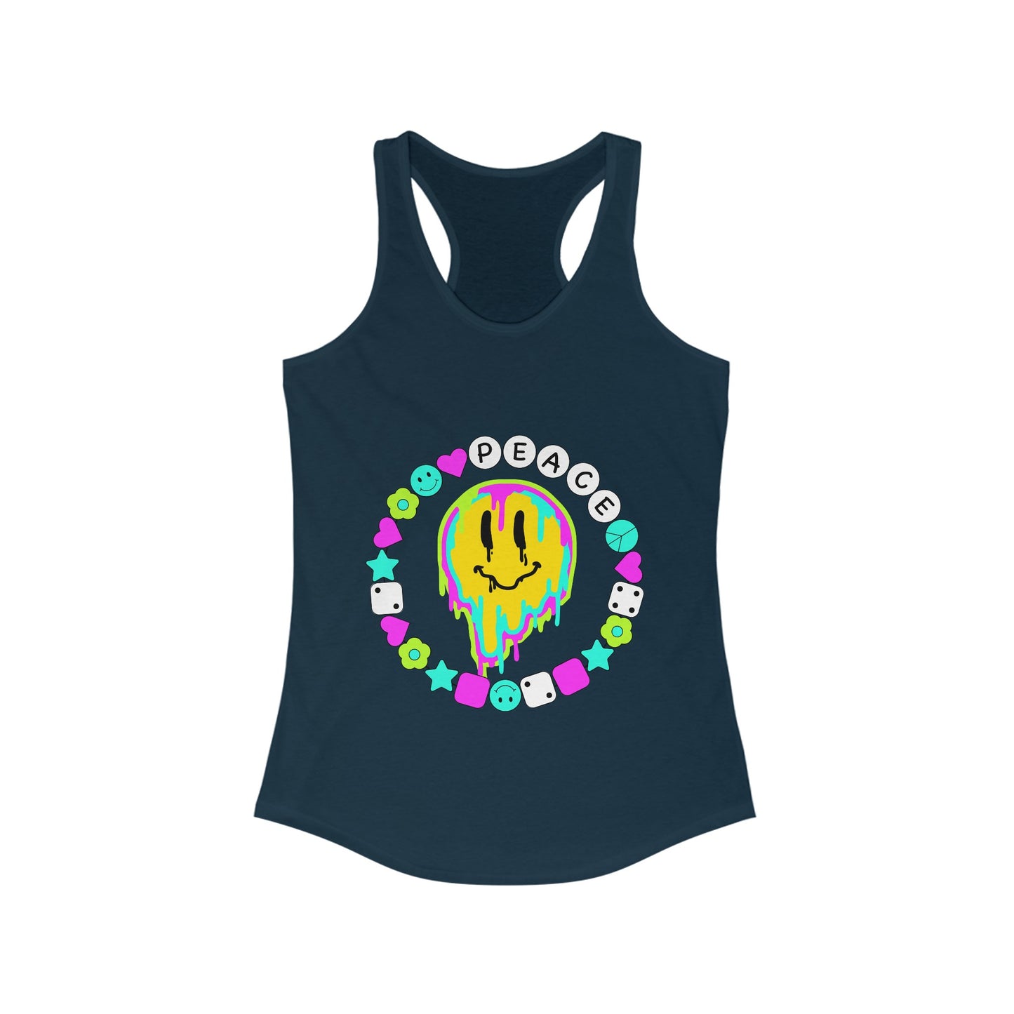Peace & Happiness Neon Smiley Face Women's Racerback Slim Fit Tank Top Sizes xs-2xl