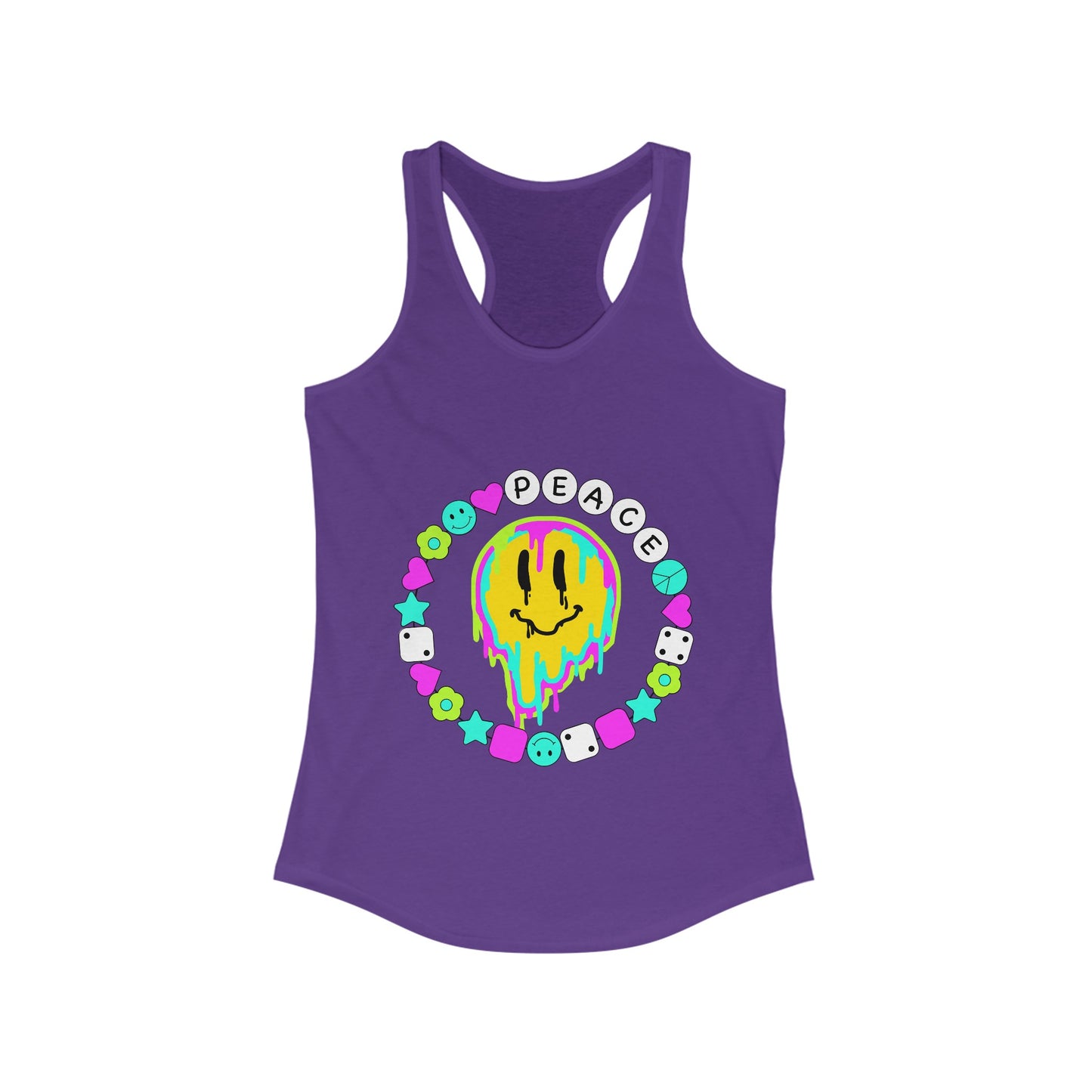 Peace & Happiness Neon Smiley Face Women's Racerback Slim Fit Tank Top Sizes xs-2xl