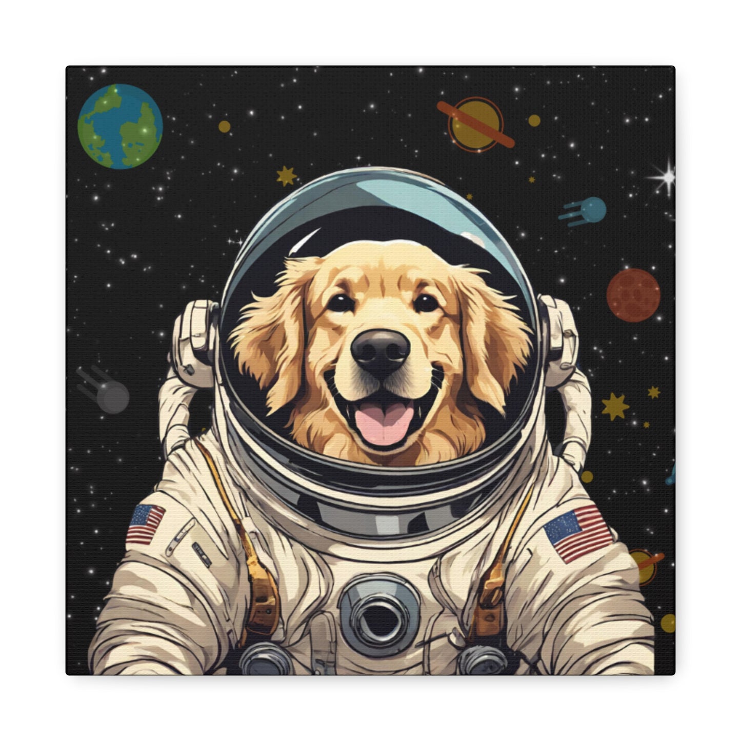 Golden Retriever Astronaut Puppy Dog in Space Canvas Wrapped Art Multiple Sizes