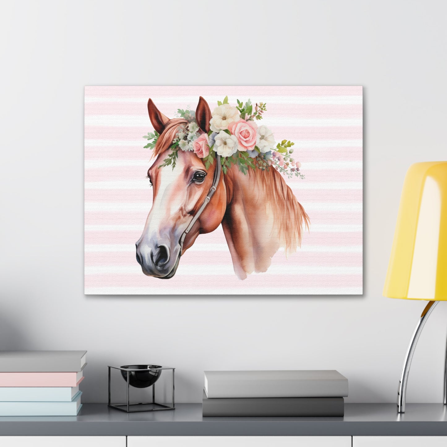 Pink Coquette Horse with Pink Rose Crown Canvas Wrapped Art Multiple Sizes