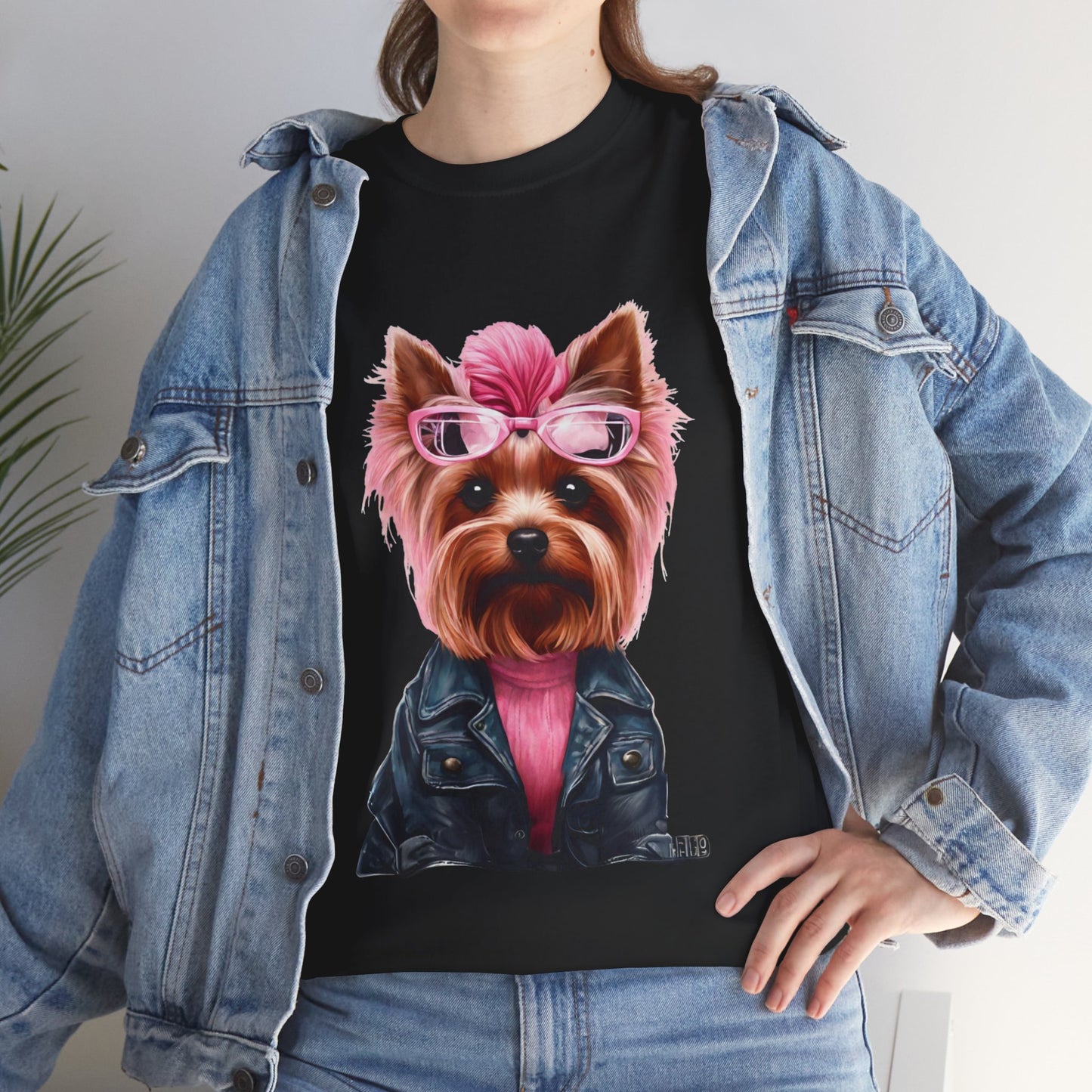 Preppy Pink Biker Yorkie Puppy Women's Plus Cotton Short Sleeved Tee Size xl-5xl