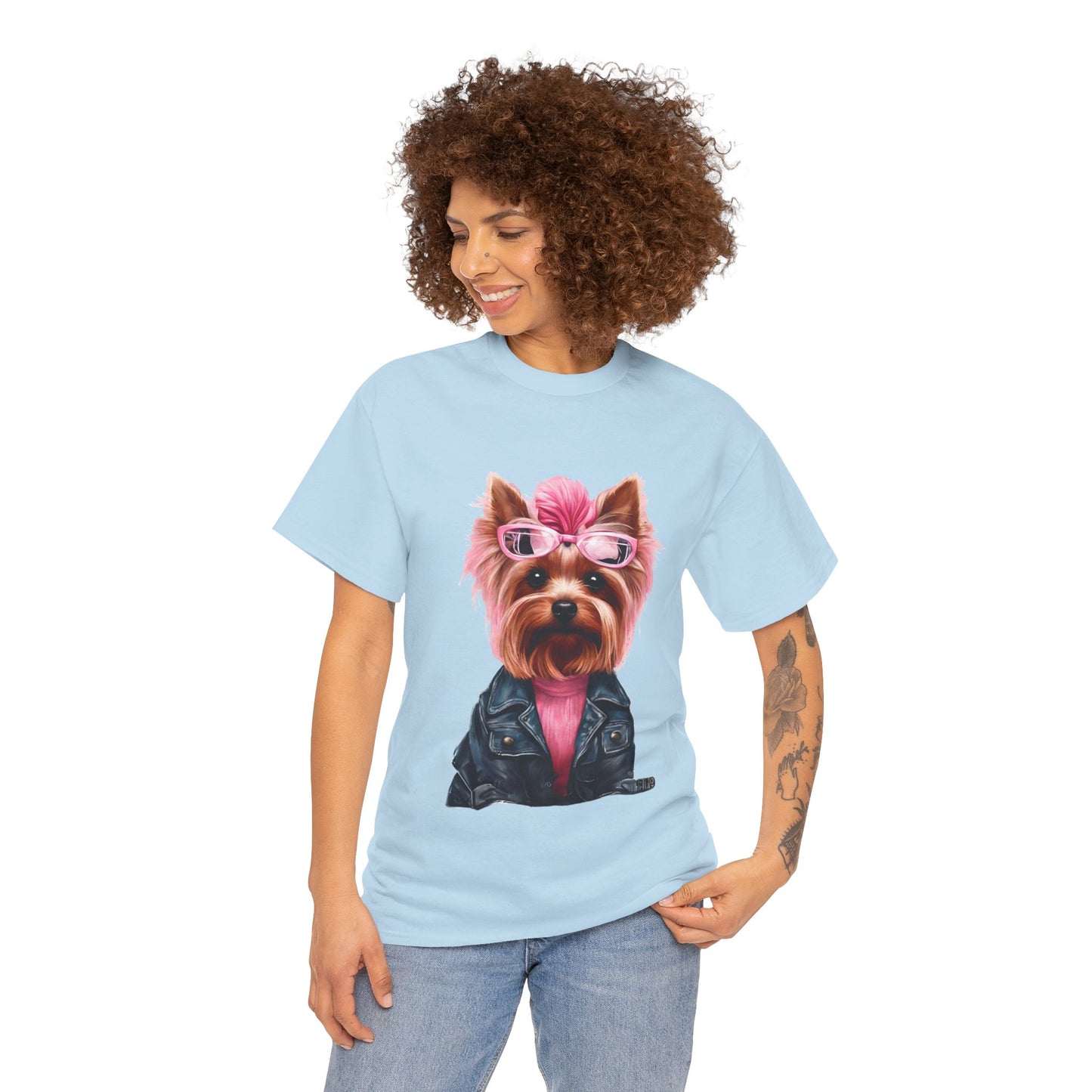 Preppy Pink Biker Yorkie Puppy Women's Plus Cotton Short Sleeved Tee Size xl-5xl