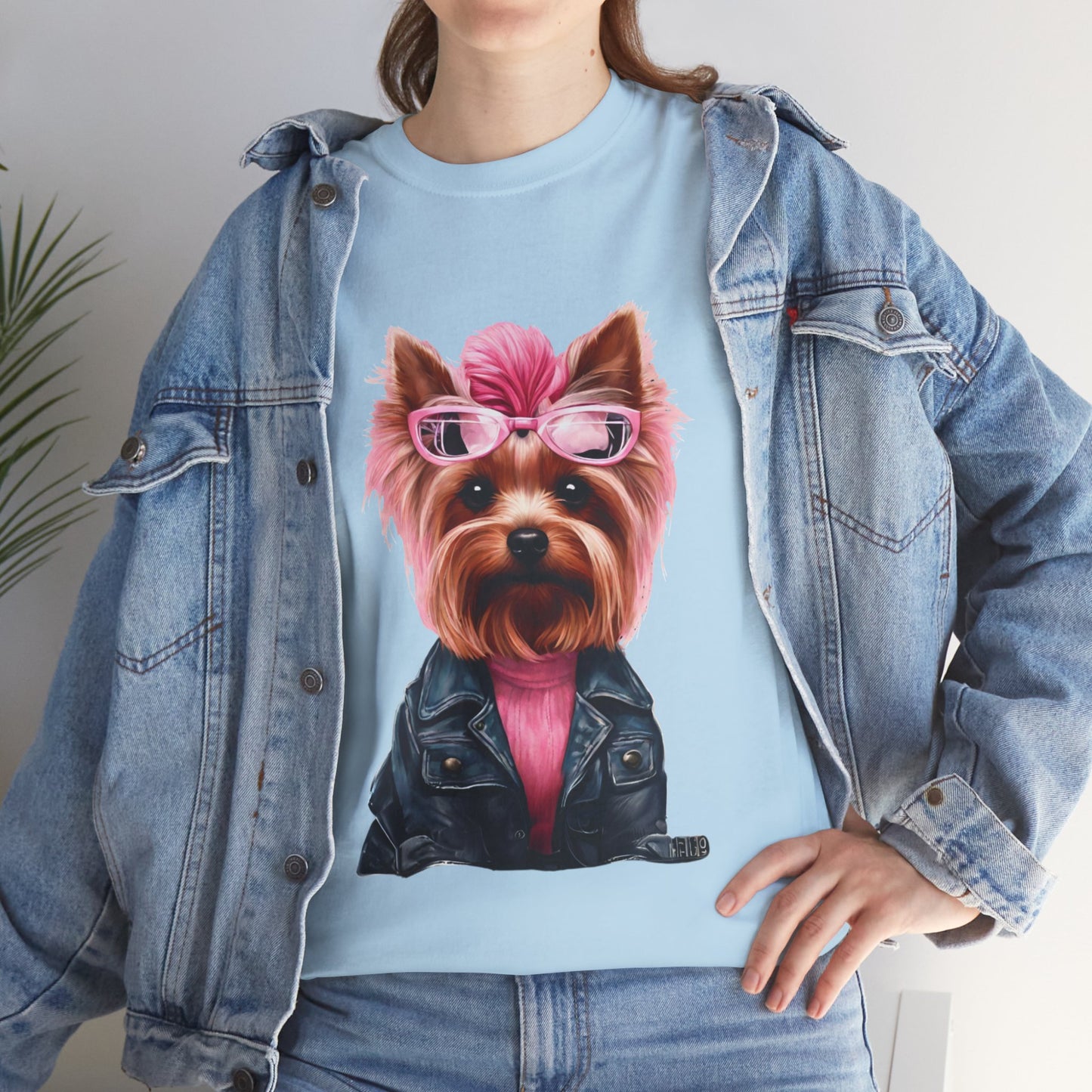 Preppy Pink Biker Yorkie Puppy Women's Plus Cotton Short Sleeved Tee Size xl-5xl