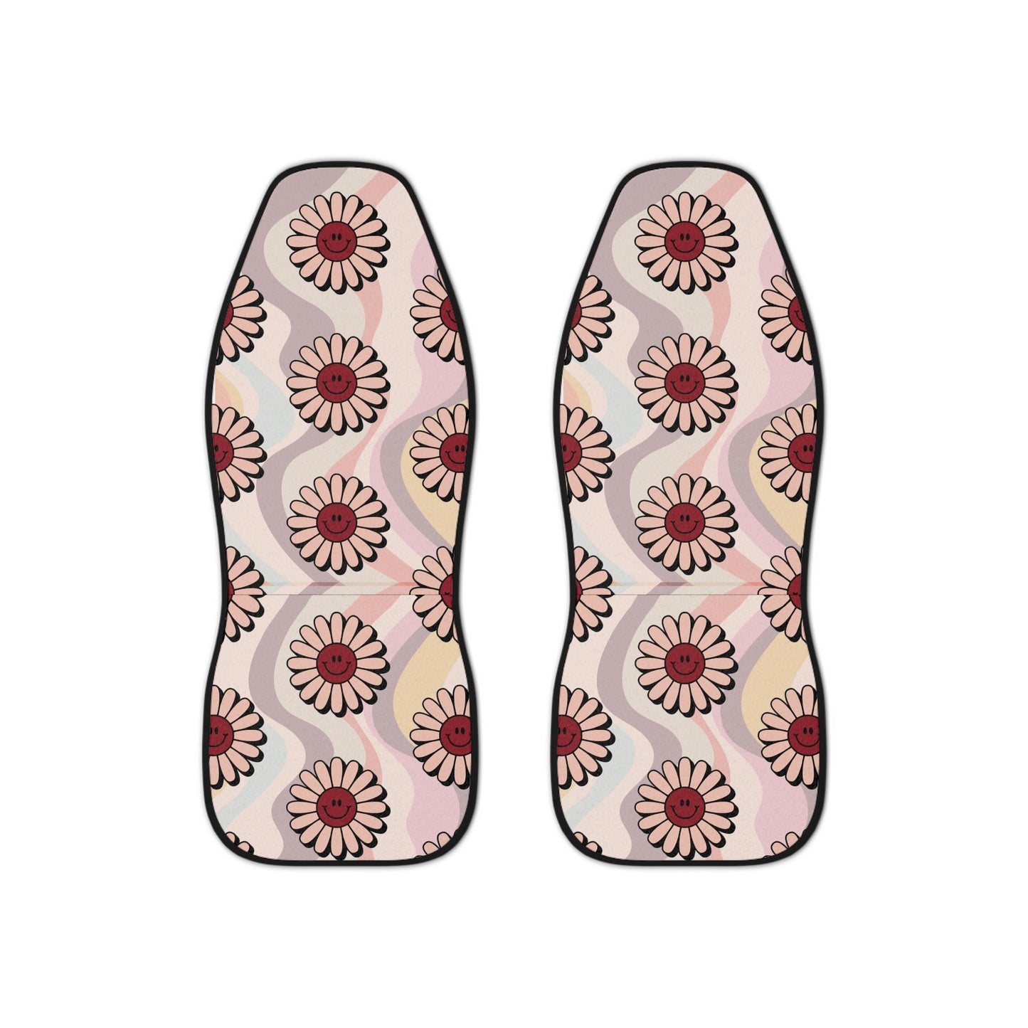 Pink & Maroon Red Smiley Daisy Flower 60's Print Car Seat Covers