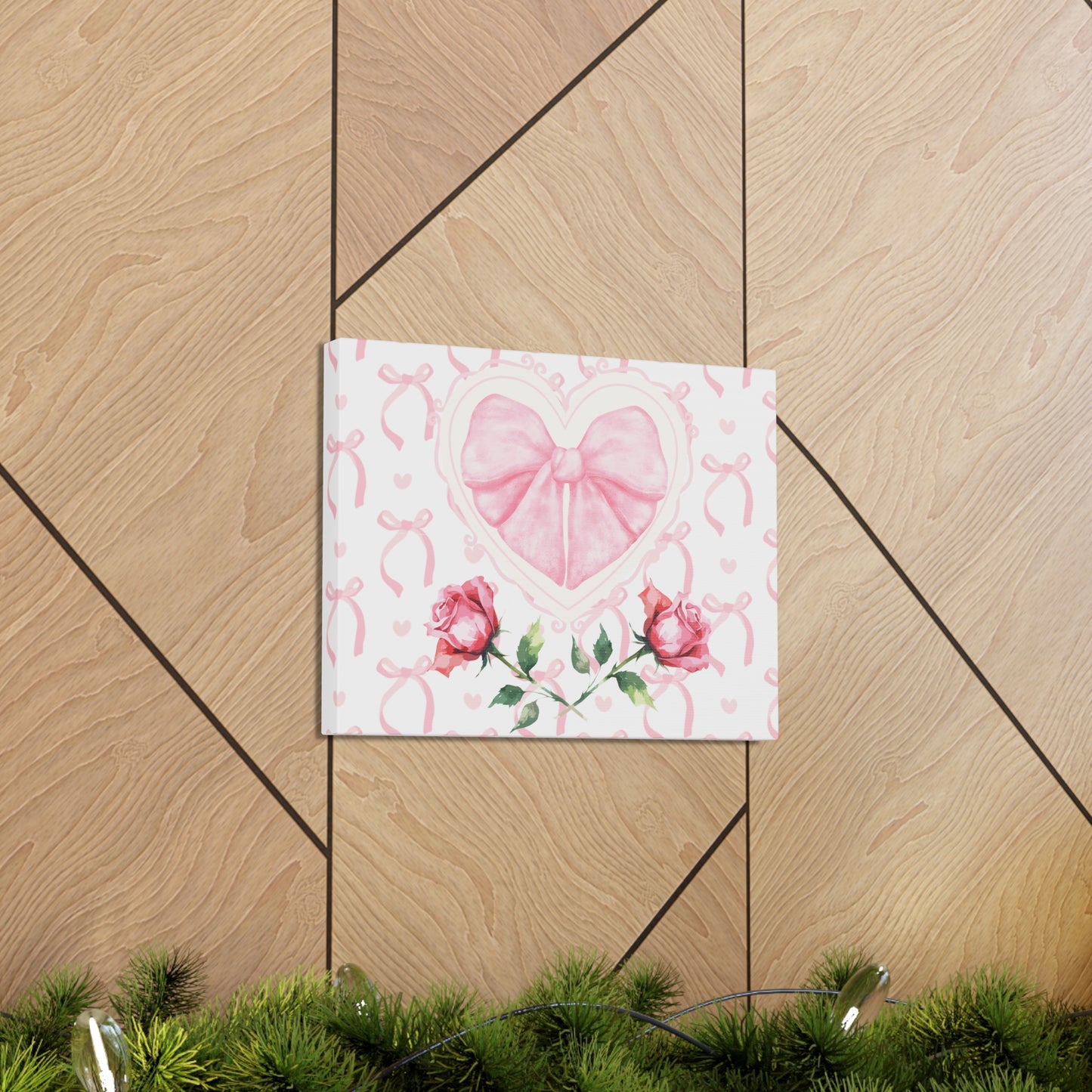 Pink & White Coquette Heart Bow with Rose Wrapped Gallery Canvas Art - Multiple Sizes