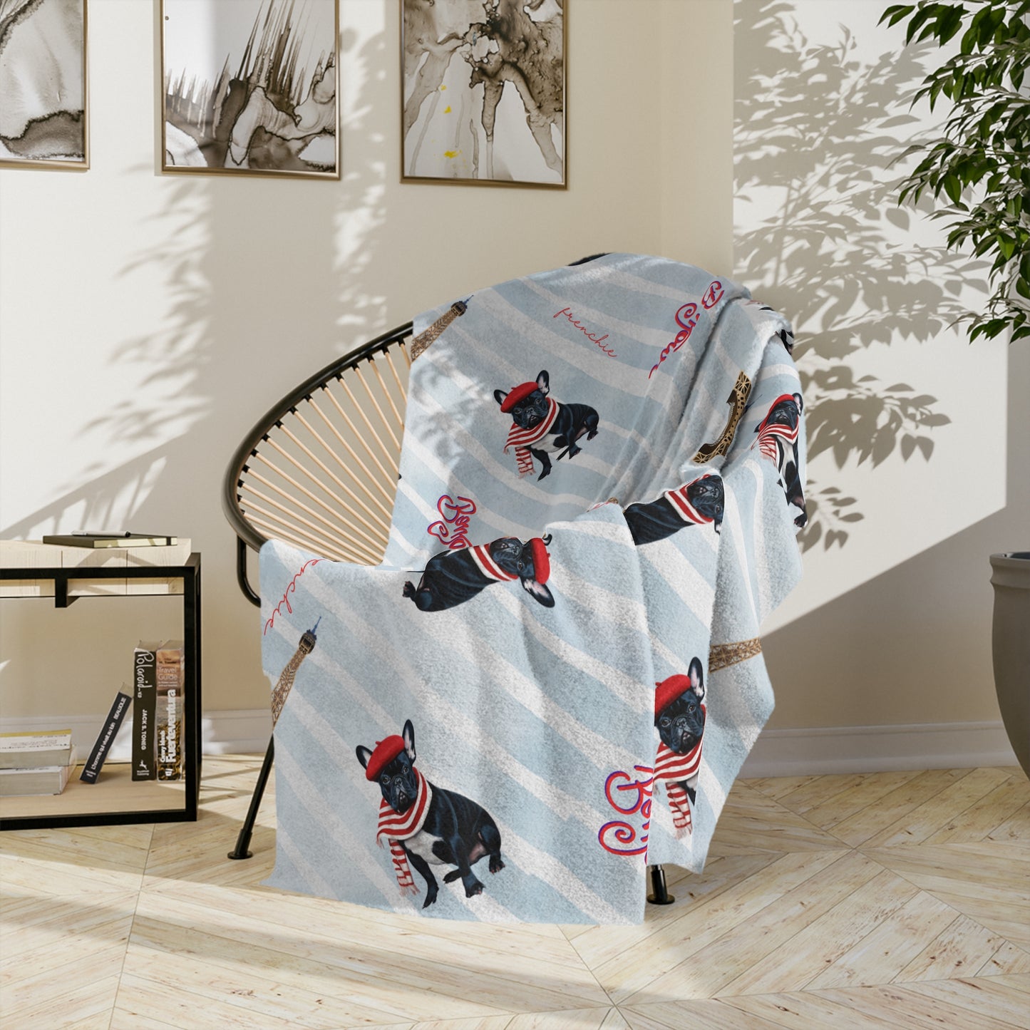 Bonjour! Frenchie French Bulldog Blue & White Velveteen Microfiber Throw Blanket Multiple Sizes