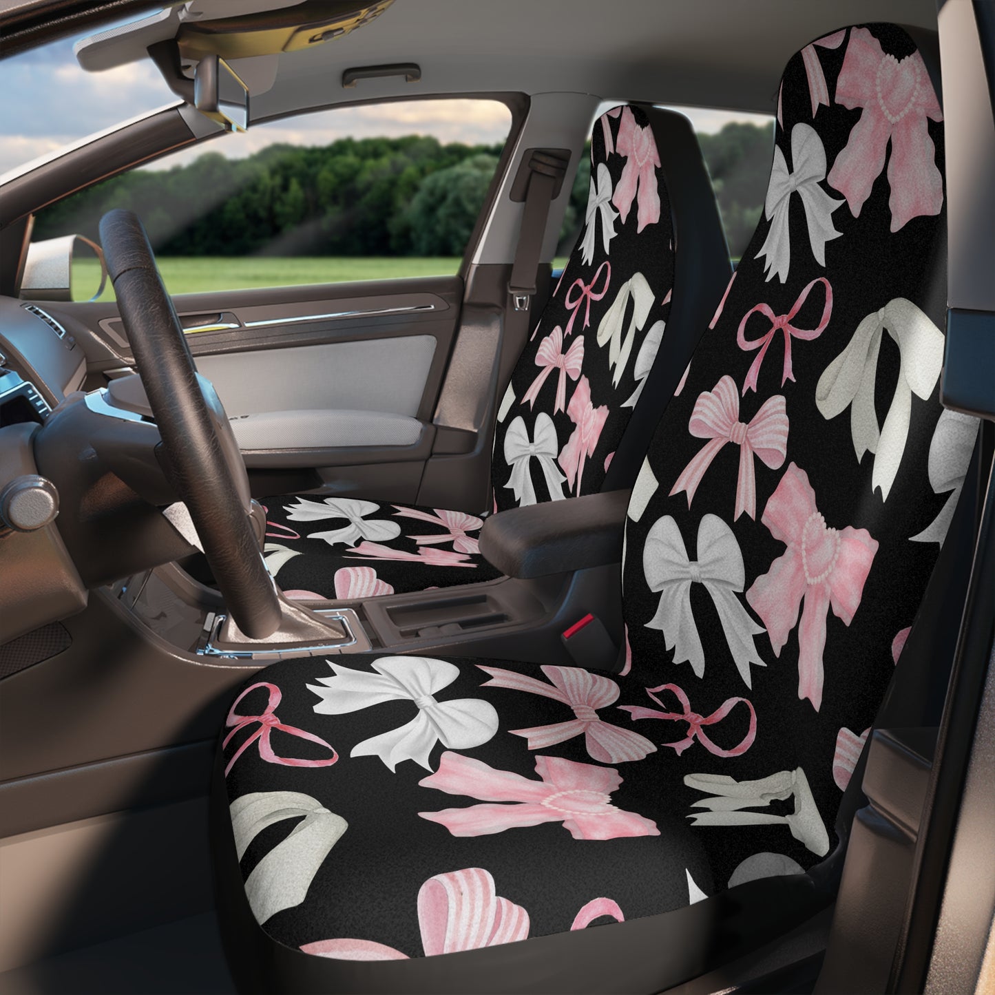 Black with Pink & White Bows Coquette Car Seat Covers